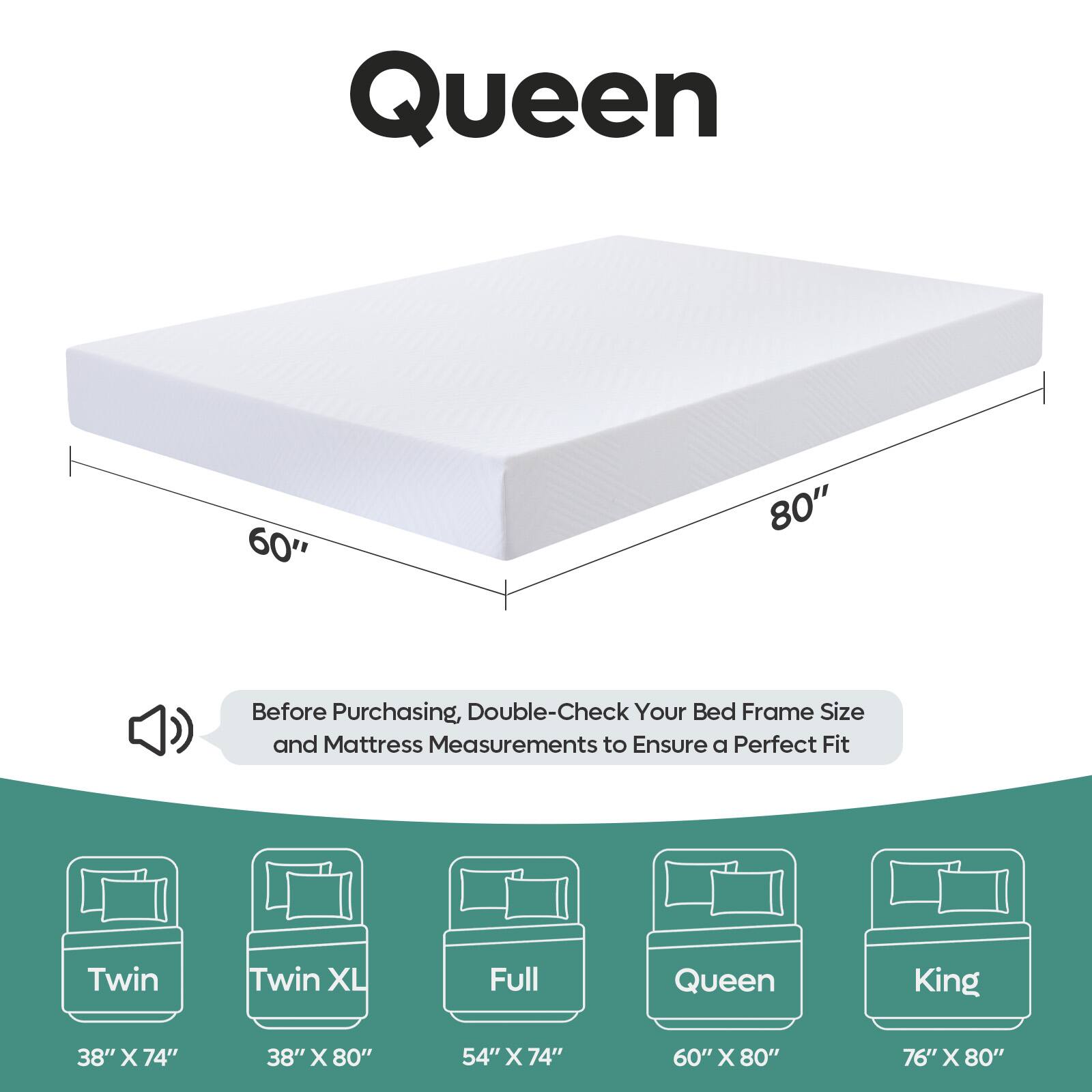 Queen "o 80" Before Purchasing, Double-Check Your Bed Frame Size and Mattress Measurements to Ensure a Perfect Fit Twin Twin XL Full Queen King 38" X 74" 38" X 80" 54" X 74" 60" X 80" 76" X 80"