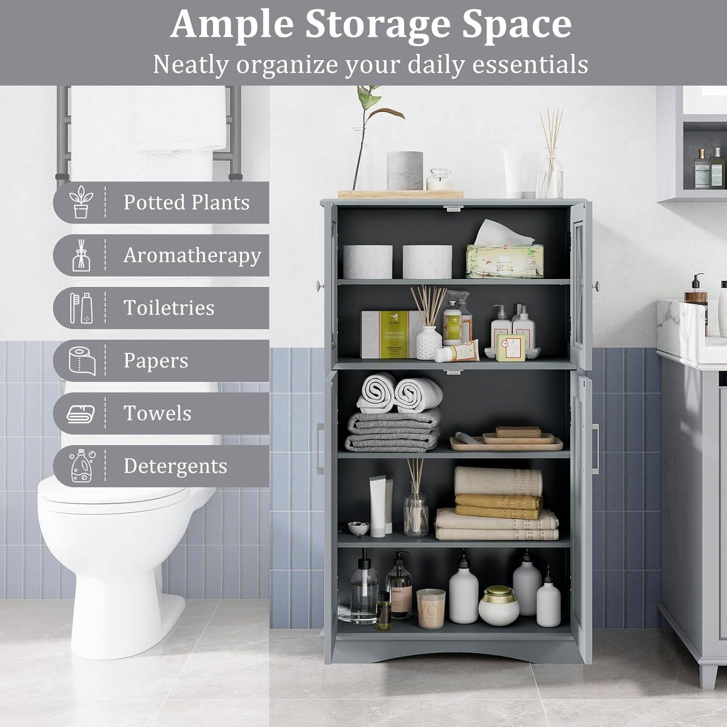 Ample Storage Space  
Neatly organize your daily essentials  

- Potted Plants  
- Aromatherapy  
- Toiletries  
- Papers  
- Towels  
- Detergents
