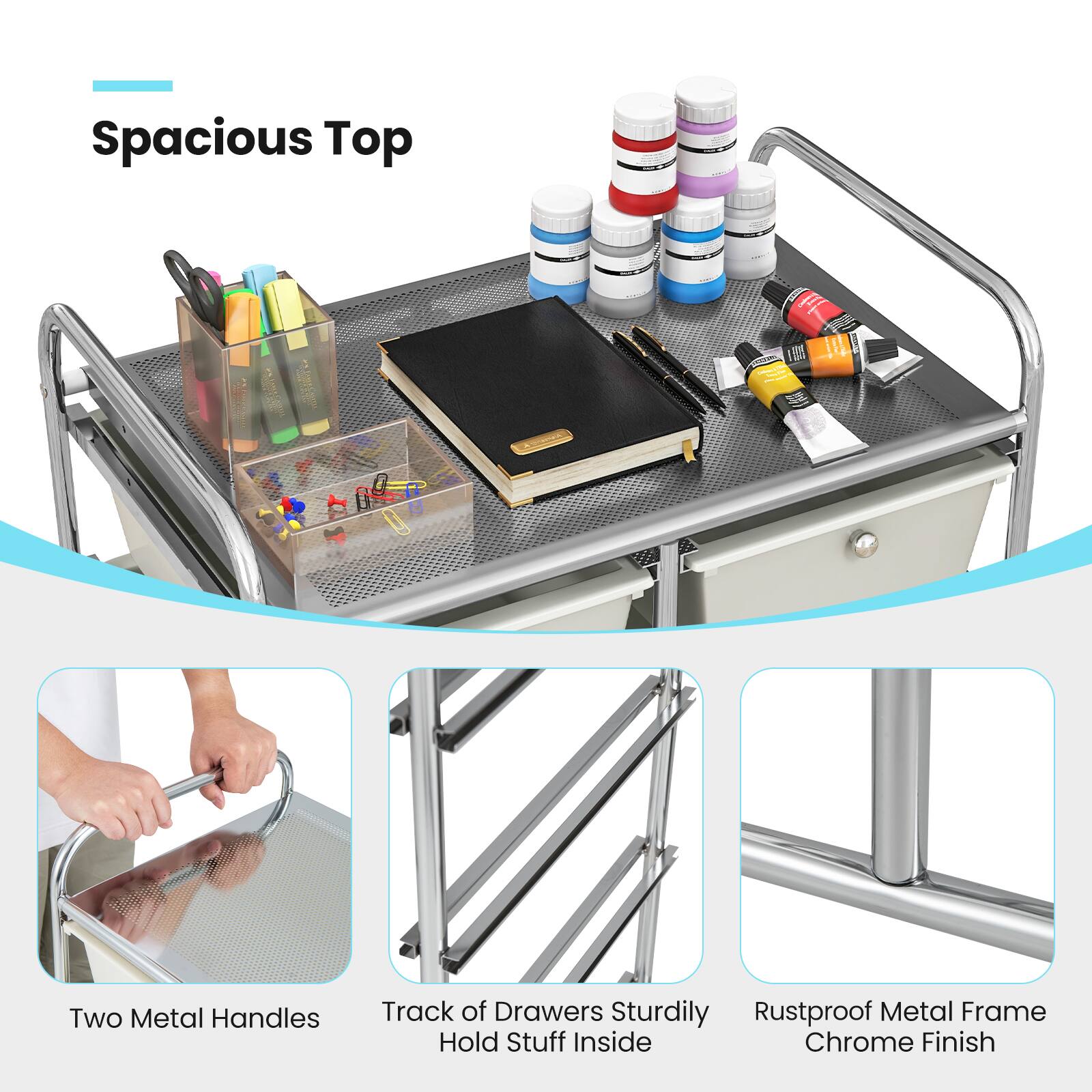 Spacious Top

Two Metal Handles

Track of Drawers Sturdily Hold Stuff Inside

Rustproof Metal Frame Chrome Finish