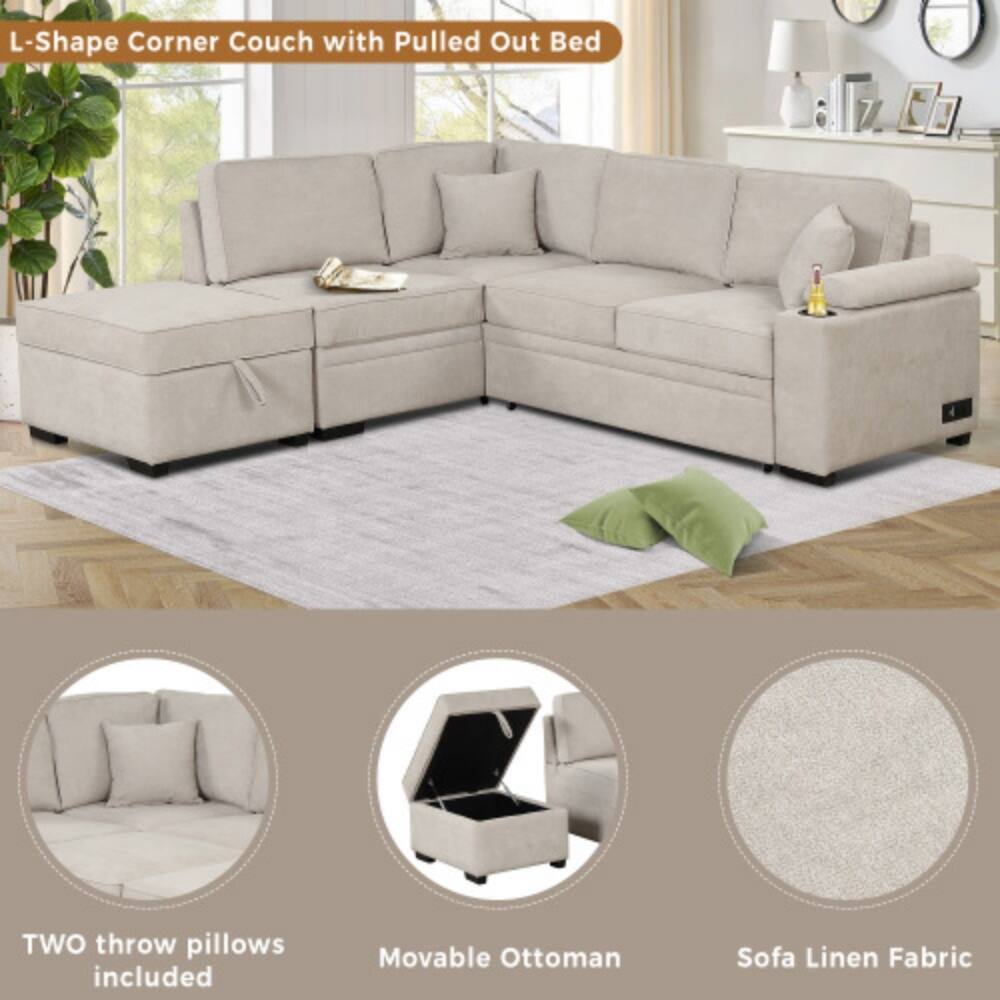 L-Shape Corner Couch with Pulled Out Bed

- TWO throw pillows included
- Movable Ottoman
- Sofa Linen Fabric
