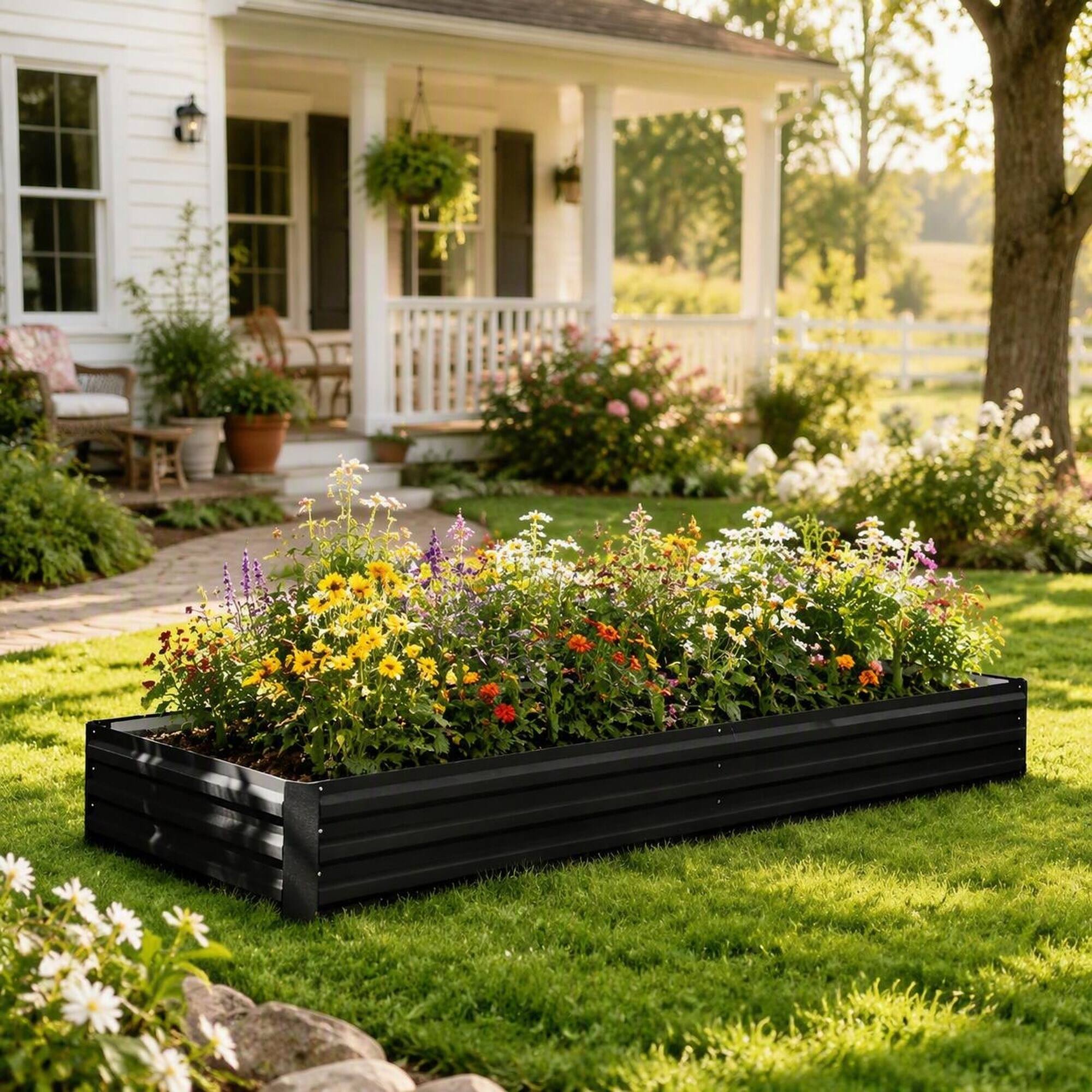 Angle. RYHNUYNE - Galvanized Steel Raised Garden Bed 95x35.75x11.75 Inch Black Metal Planter Box for Vegetables Flowers - Black.