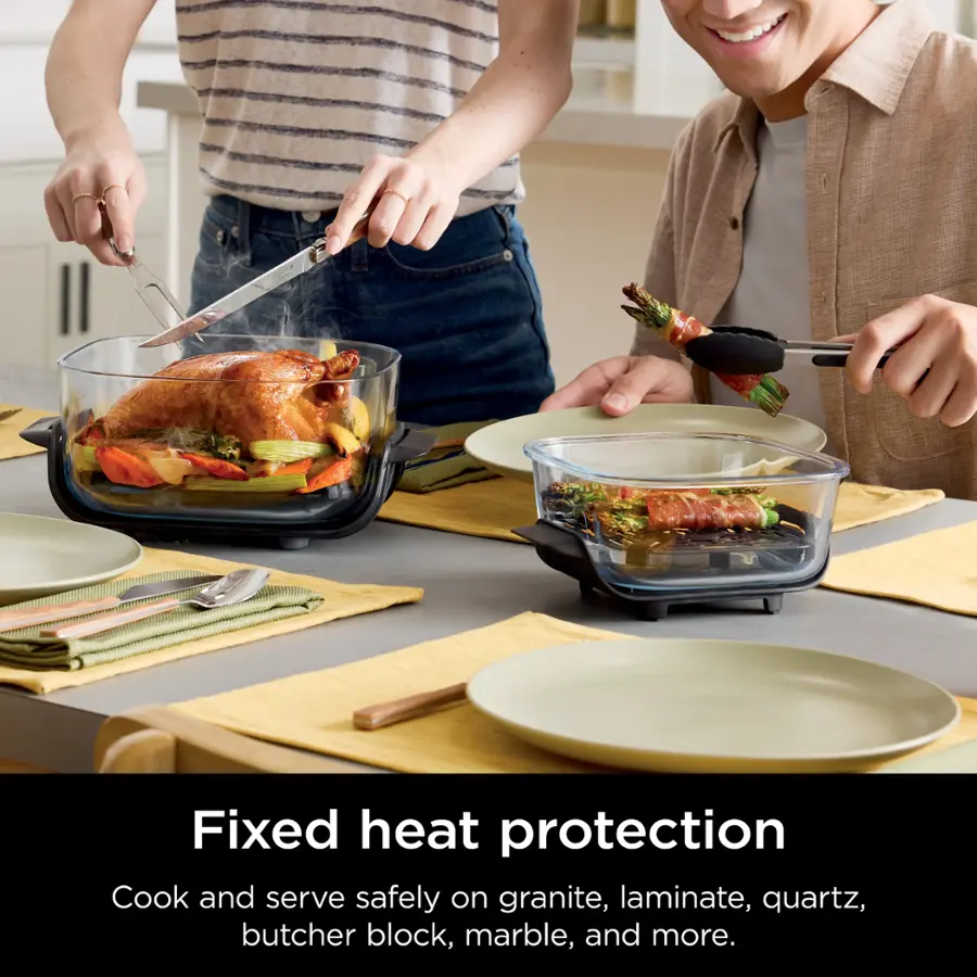 Fixed heat protection: Cook and serve safely on granite, laminate, quartz, butcher block, marble, and more.