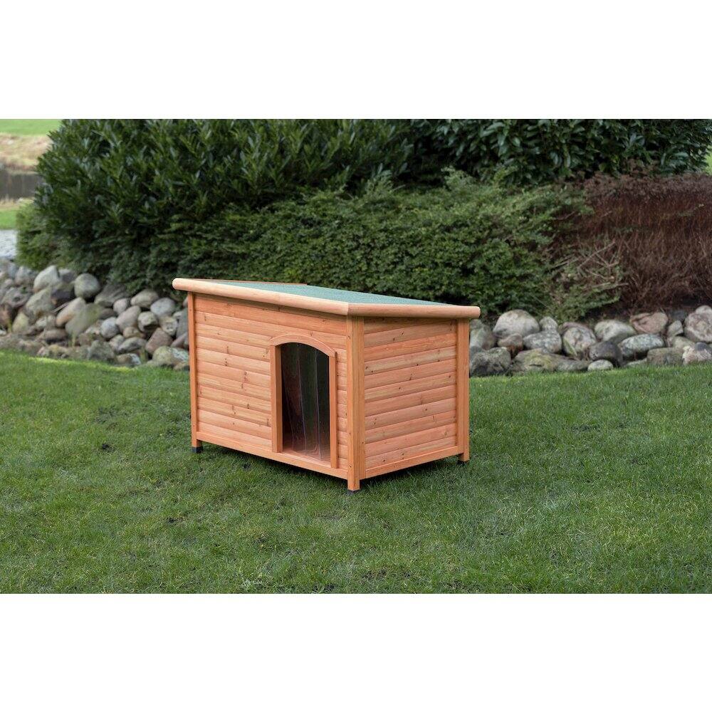 Left. TRIXIE - Classic Insulated Weatherproof Wooden Small Outdoor Dog House w-Hinged Roof - Brown.