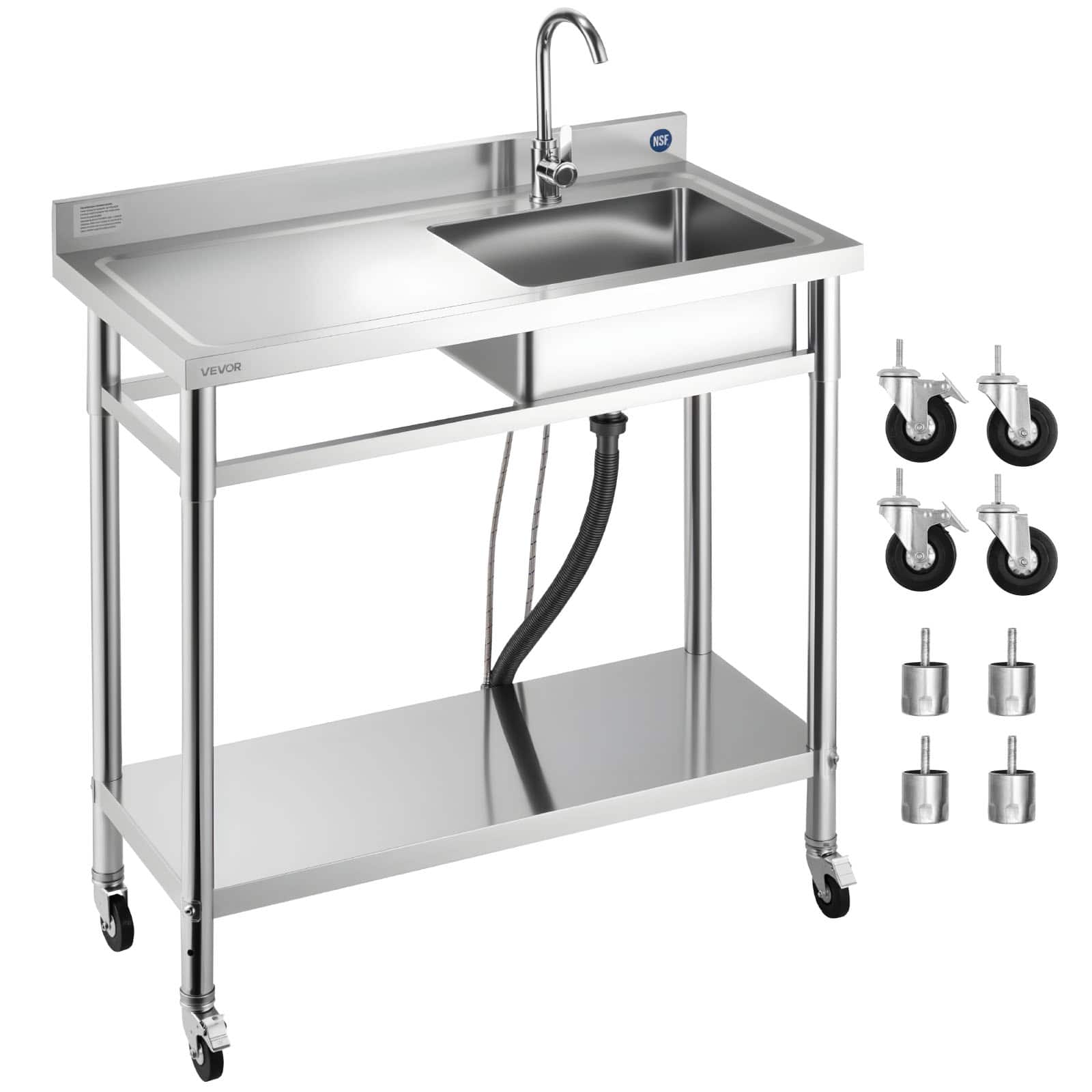 VEVOR - Stainless Steel Utility Sink, Rolling Single Bowl Commercial Kitchen Sink with Wheels, Faucet and Hot & Cold Water Pipe - Stainless steel color