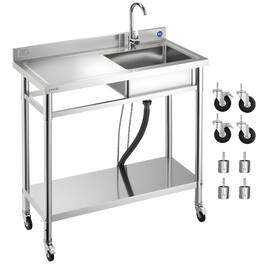 VEVOR - Stainless Steel Utility Sink, Rolling Single Bowl Commercial Kitchen Sink with Wheels, Faucet and Hot & Cold Water Pipe - Stainless steel color