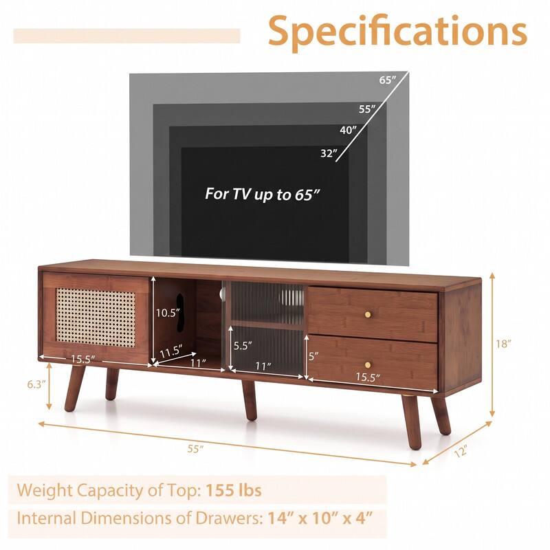 Specifications

- For TV up to 65"
- 65"
- 55"
- 40"
- 32"

- 10.5"
- 6.3"
- 15.5"
- 11.5"
- 5.5"
- 11"
- 5"
- 15.5"
- 18"
- 55"
- 12"

- Weight Capacity of Top: 155 lbs
- Internal Dimensions of Drawers: 14" x 10" x 4"