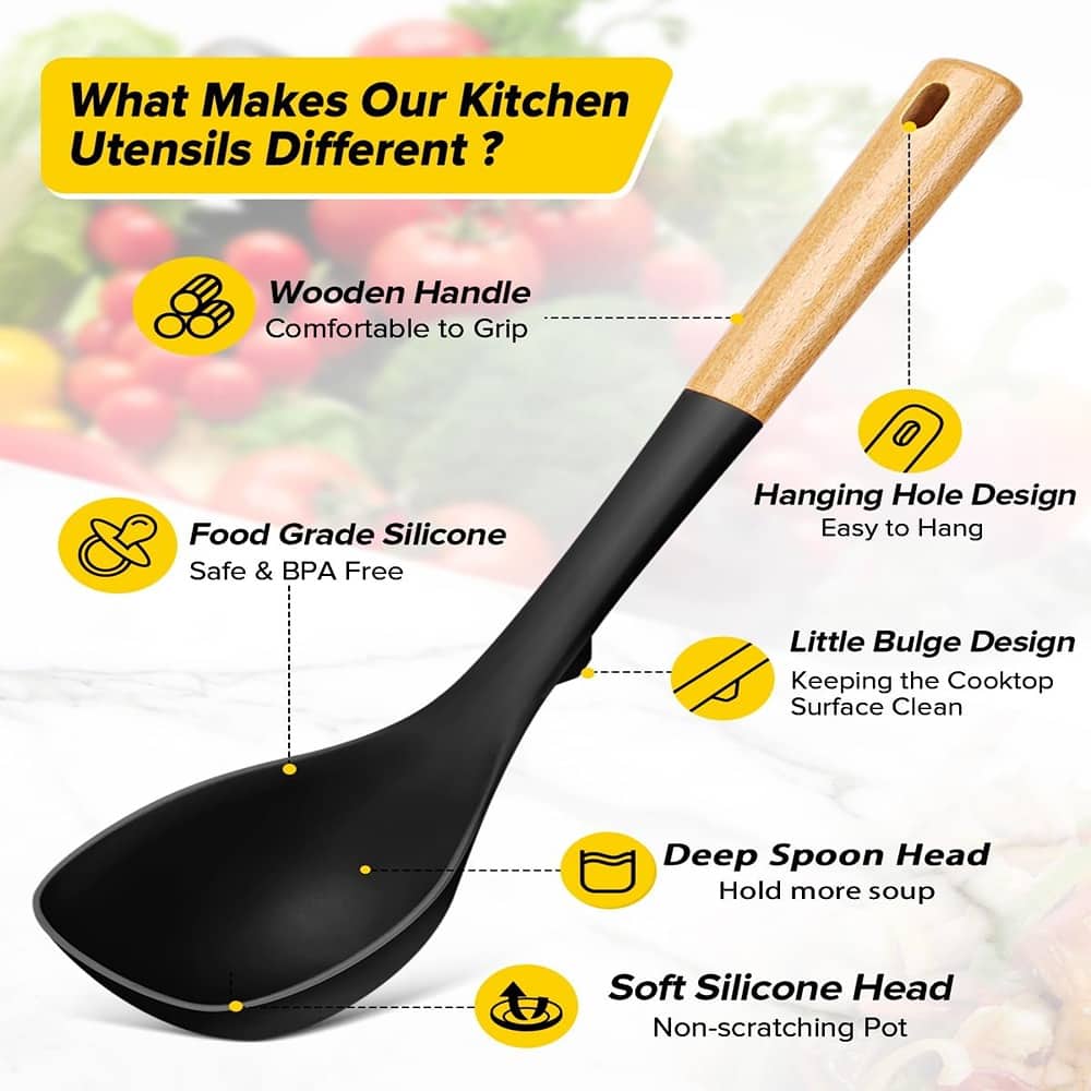 RTMB - Set of wooden-handled silicone soup ladle and spaghetti spoons is a non-stick - Black