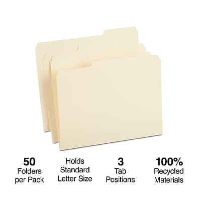 50 Folders per Pack  
Holds 3 Standard Tab Letter Size Positions  
100% Recycled Materials