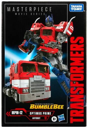 Sure, here is the corrected and grouped text from the image:

---

**TAKARA TOMY**

**MASTERPIECE MOVIE SERIES**

**MPM-12**

**BUMBLEBEE**

**OPTIMUS PRIME**

**AUTOBOT**

**TRANSFORMERS**

**8+**

**Hinshin**

---

This text is organized to reflect the branding, product line, model number, character name, faction, and age recommendation as shown on the packaging.