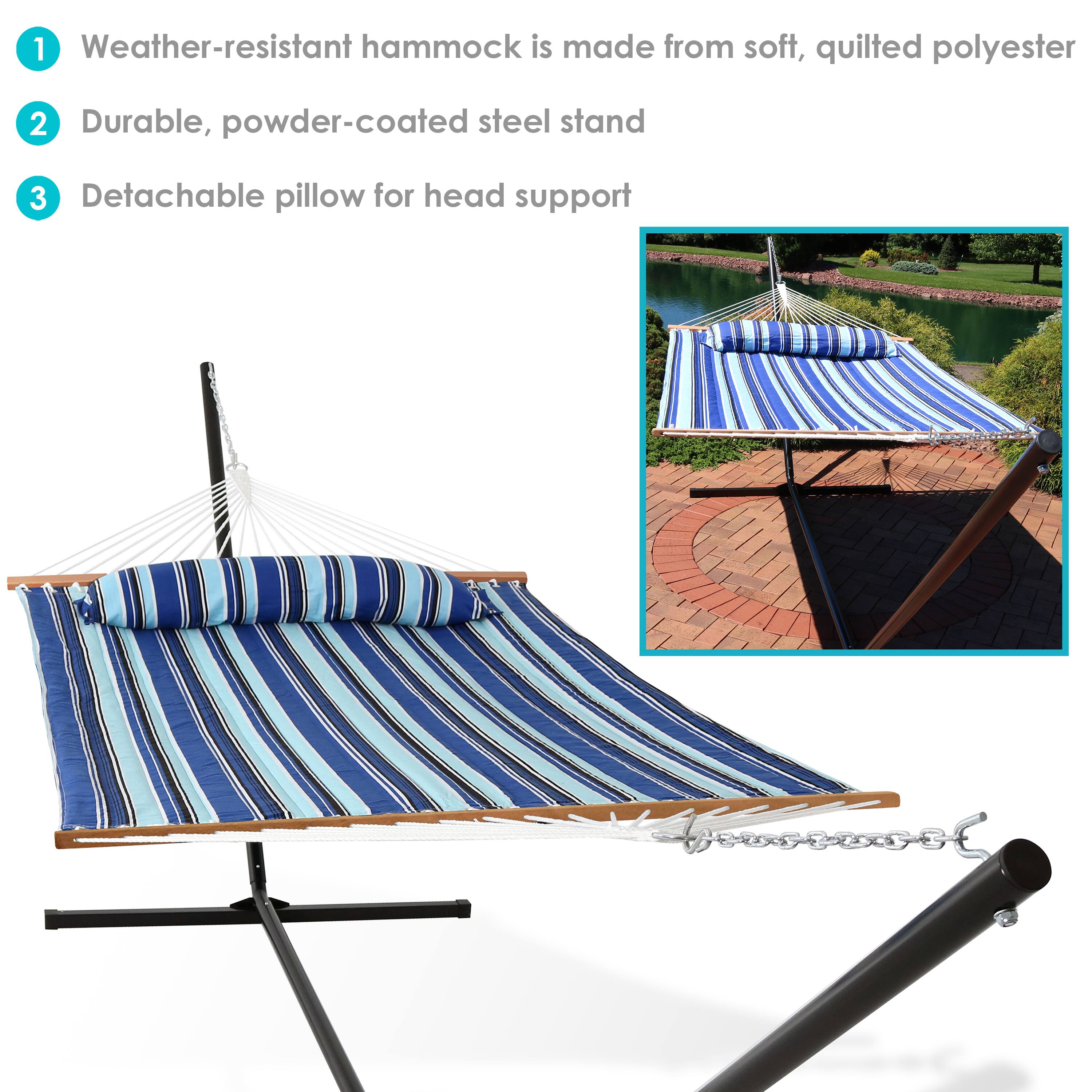 1. Weather-resistant hammock is made from soft, quilted polyester  
2. Durable, powder-coated steel stand  
3. Detachable pillow for head support