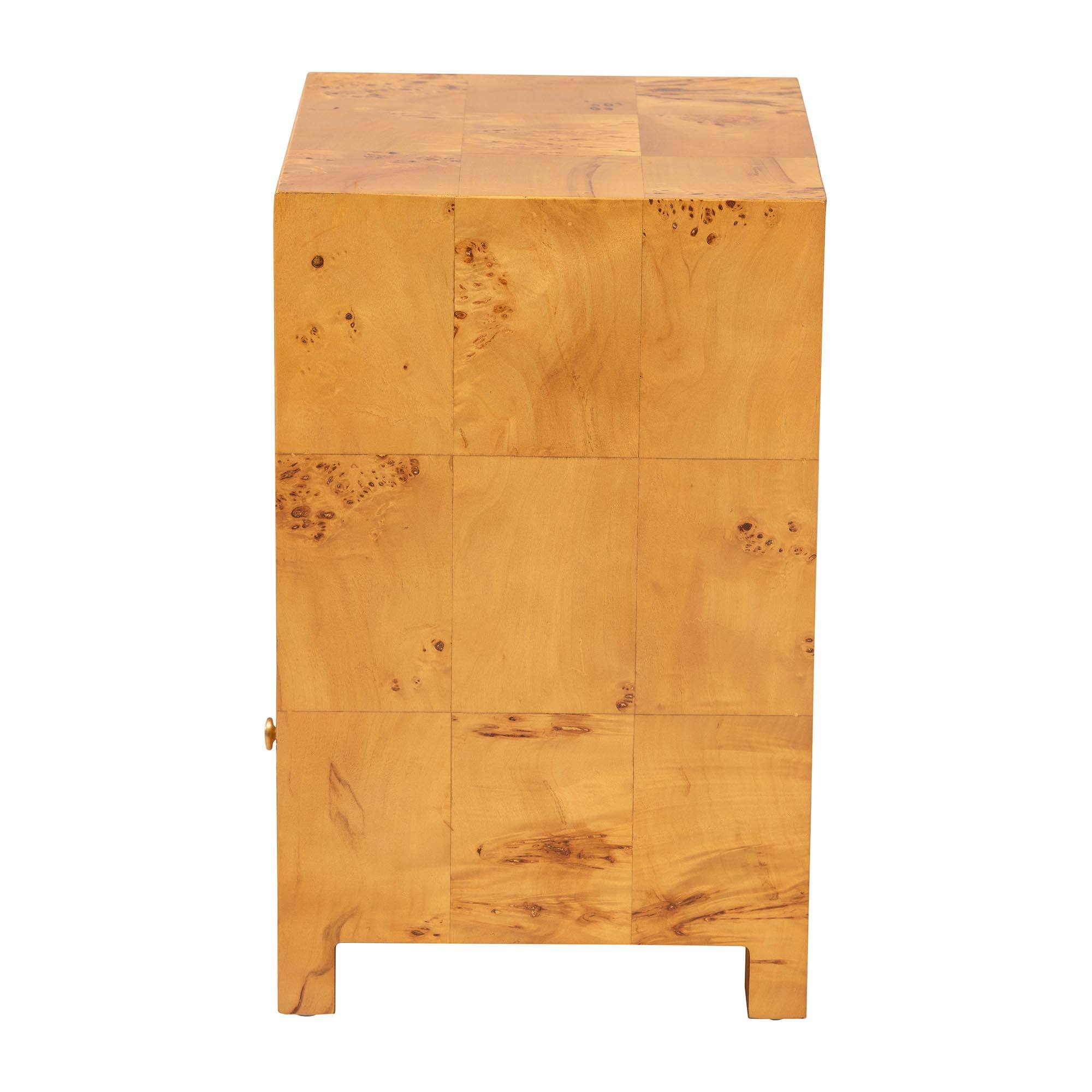Back. bali & pari - Camira Modern and Contemporary Natural Mappa Burl Wood 1-Drawer Nightstand - Light Mappa Burl.