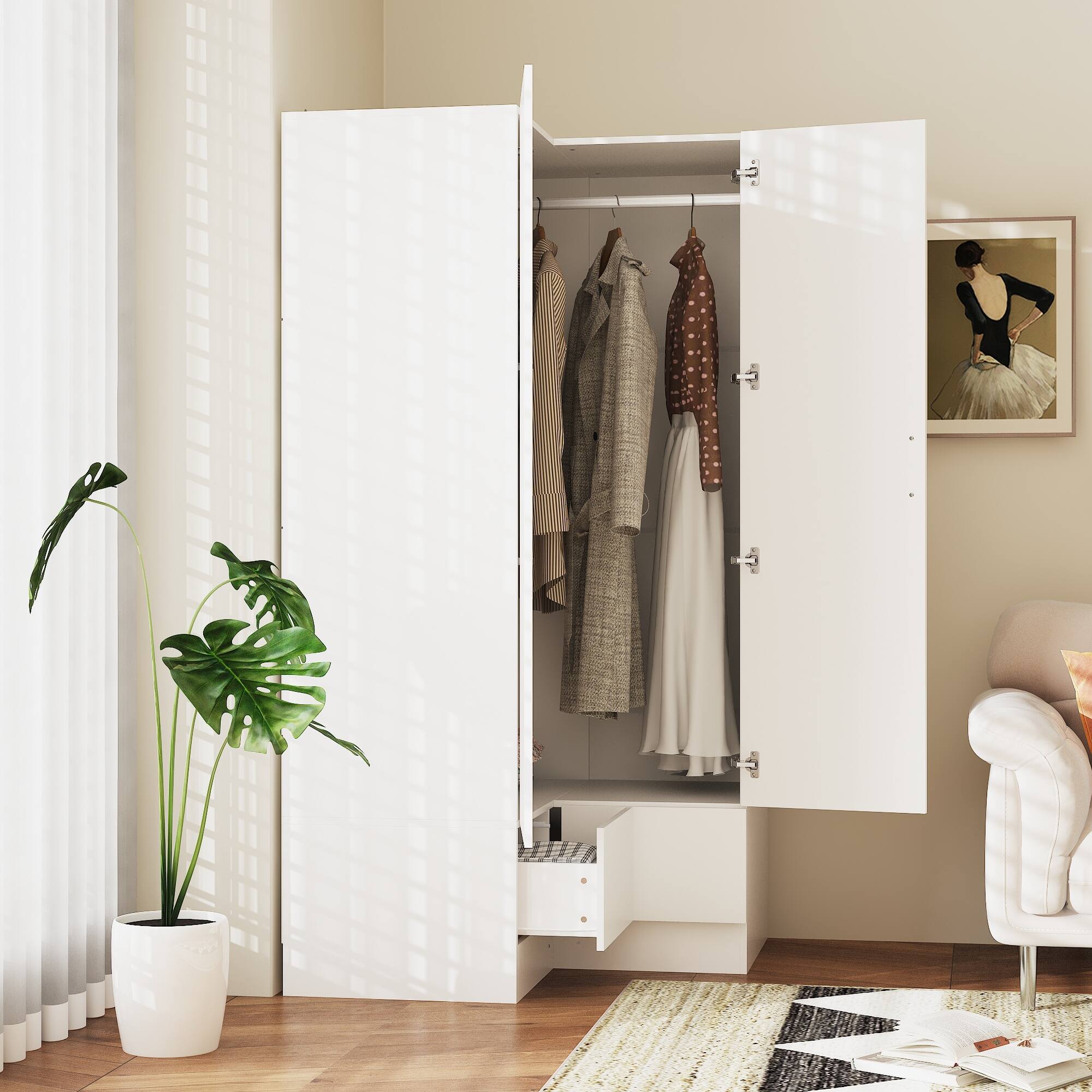 Back. FUFU&GAGA - L Shaped Corner Wardrobe Closet Armoire with Hanging Rod Shelves and Drawers Space Saving Bedroom Storage Organizer - White.