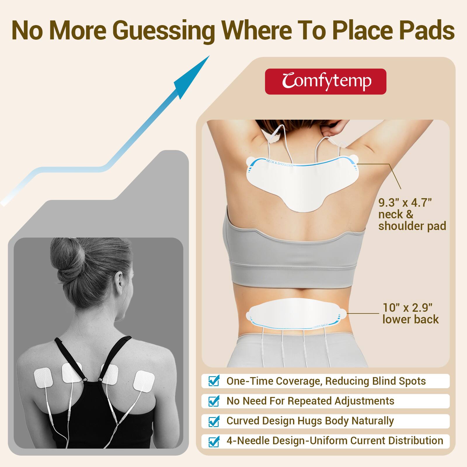 No More Guessing Where To Place Pads

Comfytemp

NECK & SHOULDER
9.3" X 4.7" neck & shoulder pad

DICK
10" X 2.9" lower back

One-Time Coverage, Reducing Blind Spots
No Need For Repeated Adjustments
Curved Design Hugs Body Naturally
4-Needle Design-Uniform Current Distribution