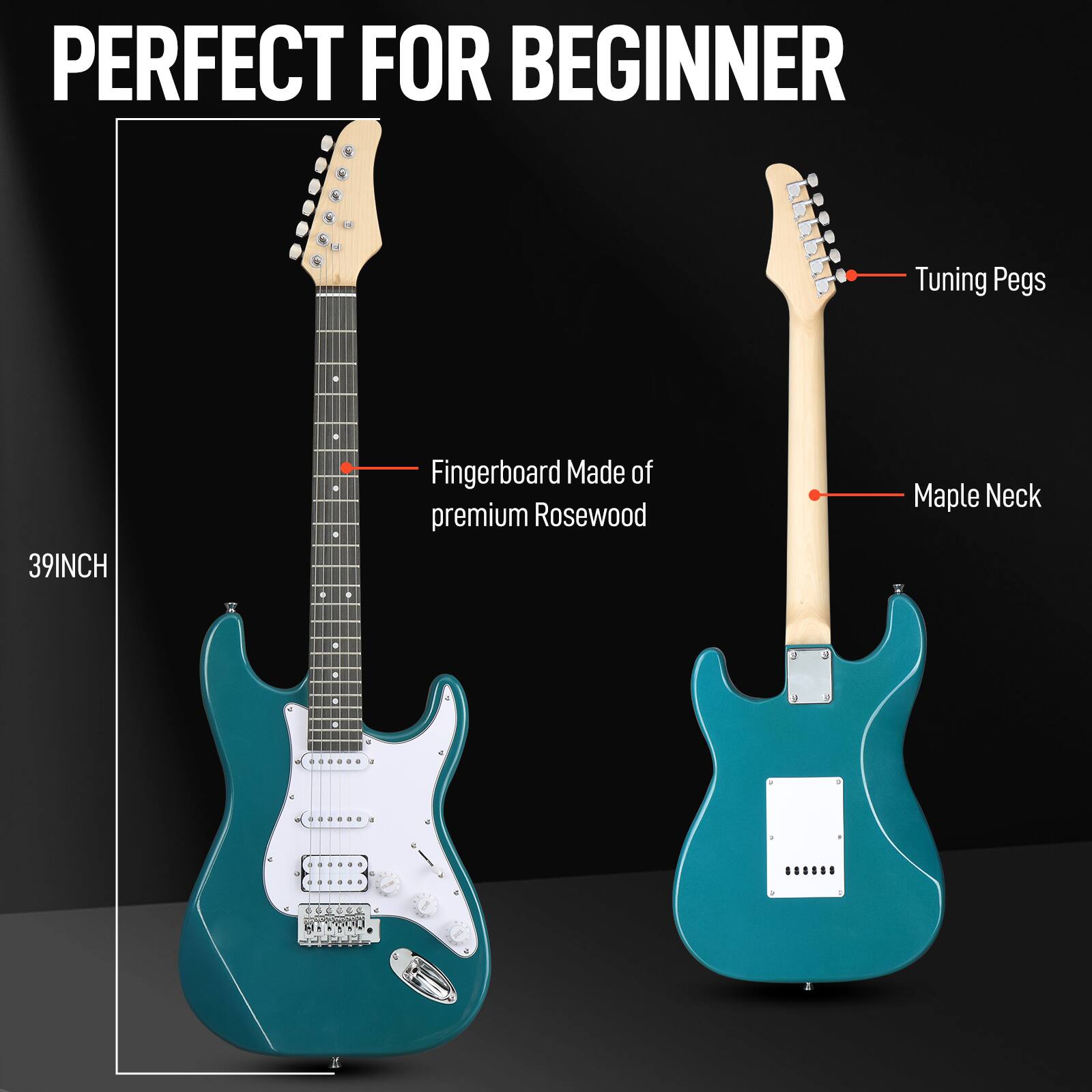 PERFECT FOR BEGINNER

- Fingerboard Made of premium Rosewood
- Maple Neck
- Tuning Pegs

39INCH