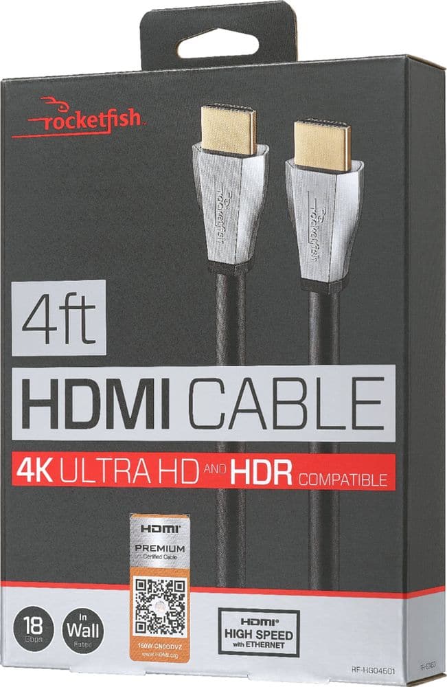 Rocketfish 4ft HDMI Cable 4K Ultra HD and HDR Compatible 18 Gbps in Wall Rated HOMI High Speed HDMI - THERNET n - n\_r HF-H004501.