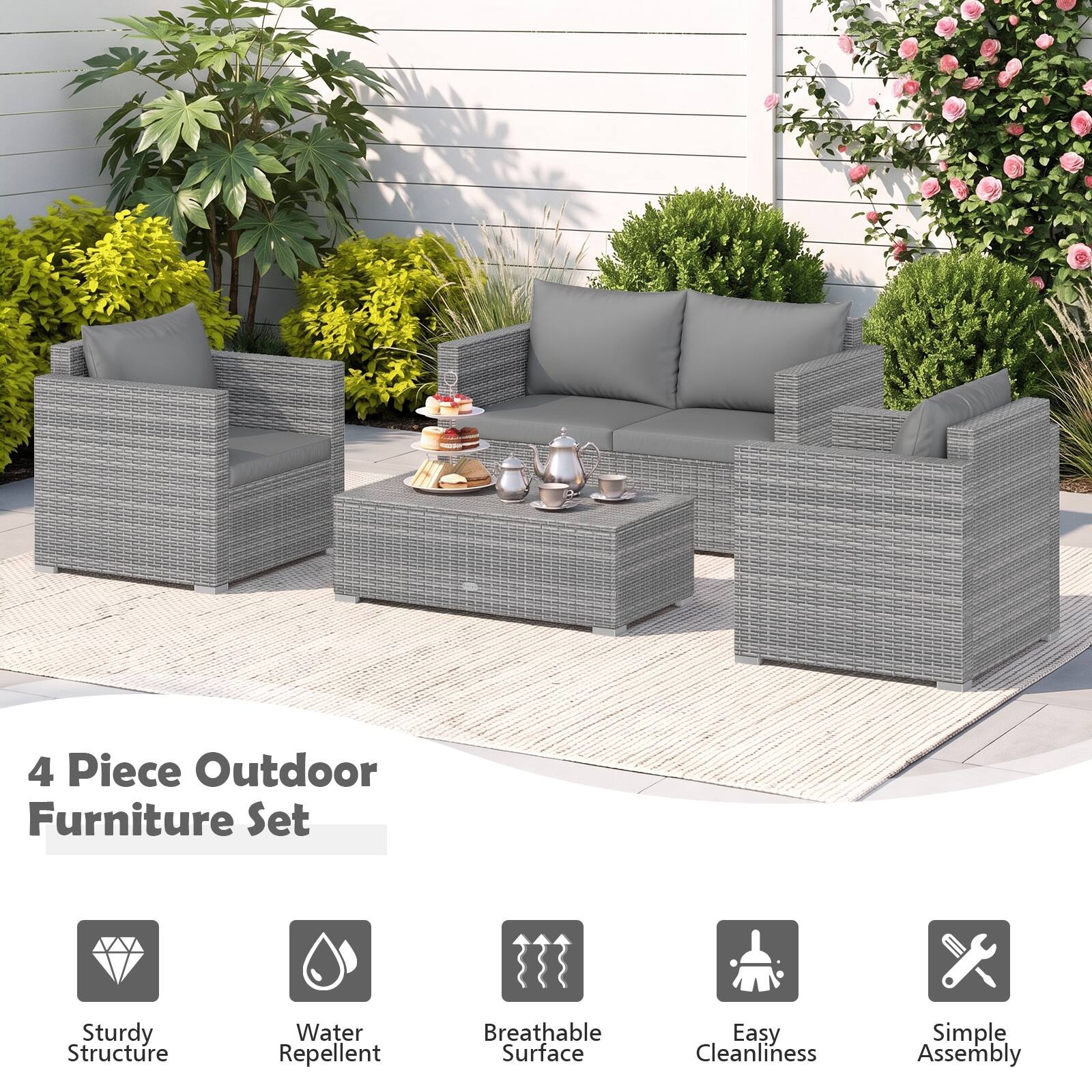4 Piece Outdoor Furniture Set

- Sturdy Structure
- Water Repellent
- Breathable Surface
- Easy Cleanliness
- Simple Assembly