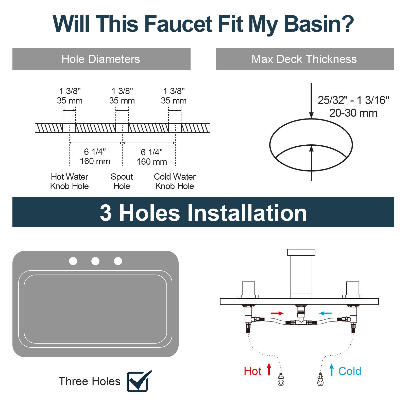 Will This Faucet Fit My Basin?

Hole Diameters
- 1 3/8" 35 mm
- 1 3/8" 35 mm
- 1 3/8" 35 mm
- 25/32" - 1 3/16" 20-30 mm
- 6 1/4" 160 mm
- 6 1/4" 160 mm

Hot Water Knob Hole Spout Hole Cold Water Knob Hole

Max Deck Thickness
- 25/32" - 1 3/16" 20-30 mm

3 Holes Installation

Three Holes

Hot Cold