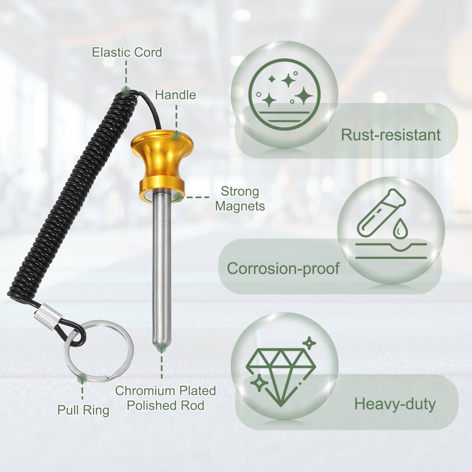 Elastic Cord, Handle, Strong Magnets, Rust-resistant, Corrosion-proof, Chromium Plated Polished Rod, Pull Ring, Heavy-duty