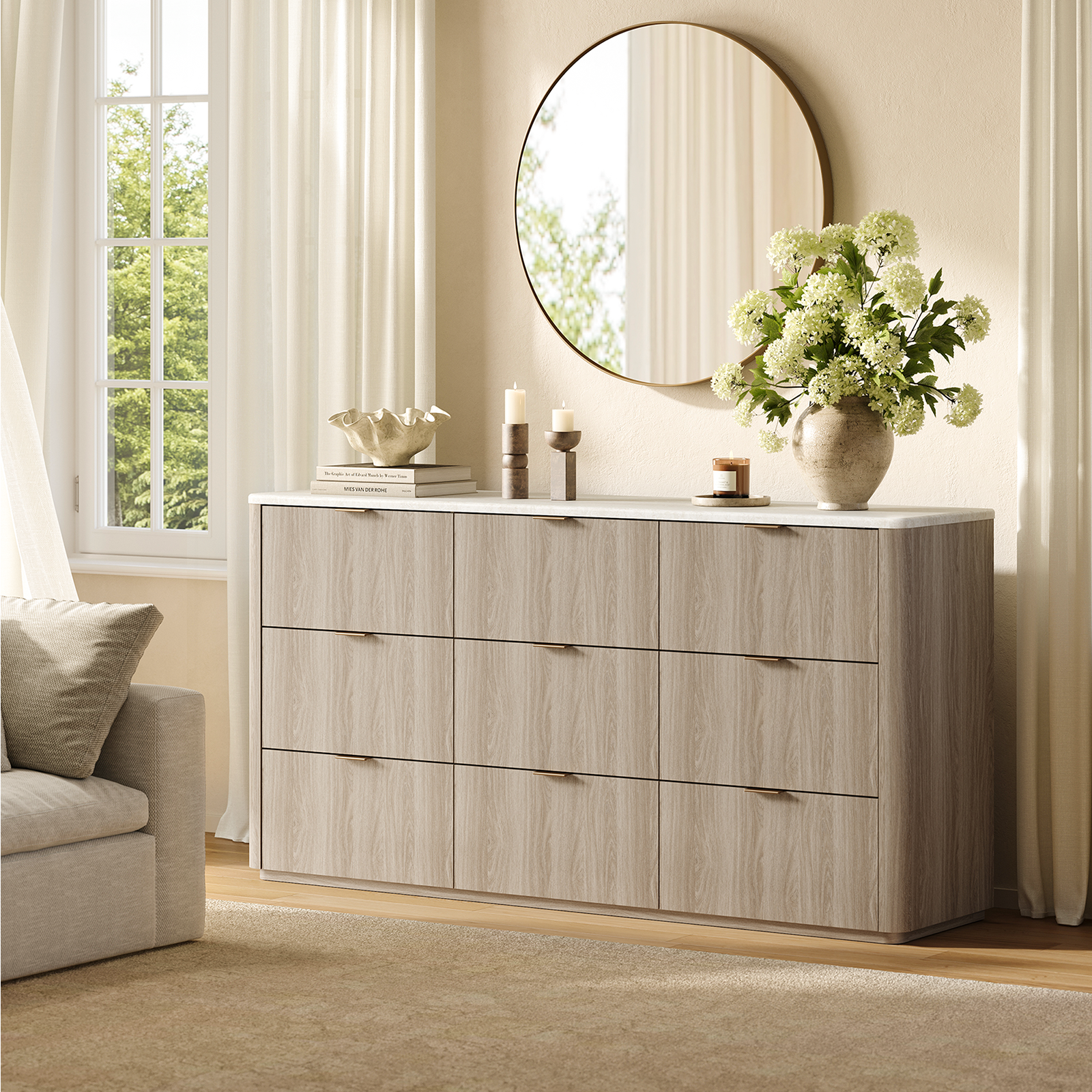 ModernMate - 63" Modern 9 Drawers Dresser Faux Travertine Dresser Chest for Bedroom Living Room - Natural Grey