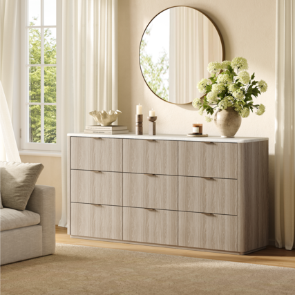 Front. ModernMate - 63" Modern 9 Drawers Dresser Faux Travertine Dresser Chest for Bedroom Living Room - Natural Grey.