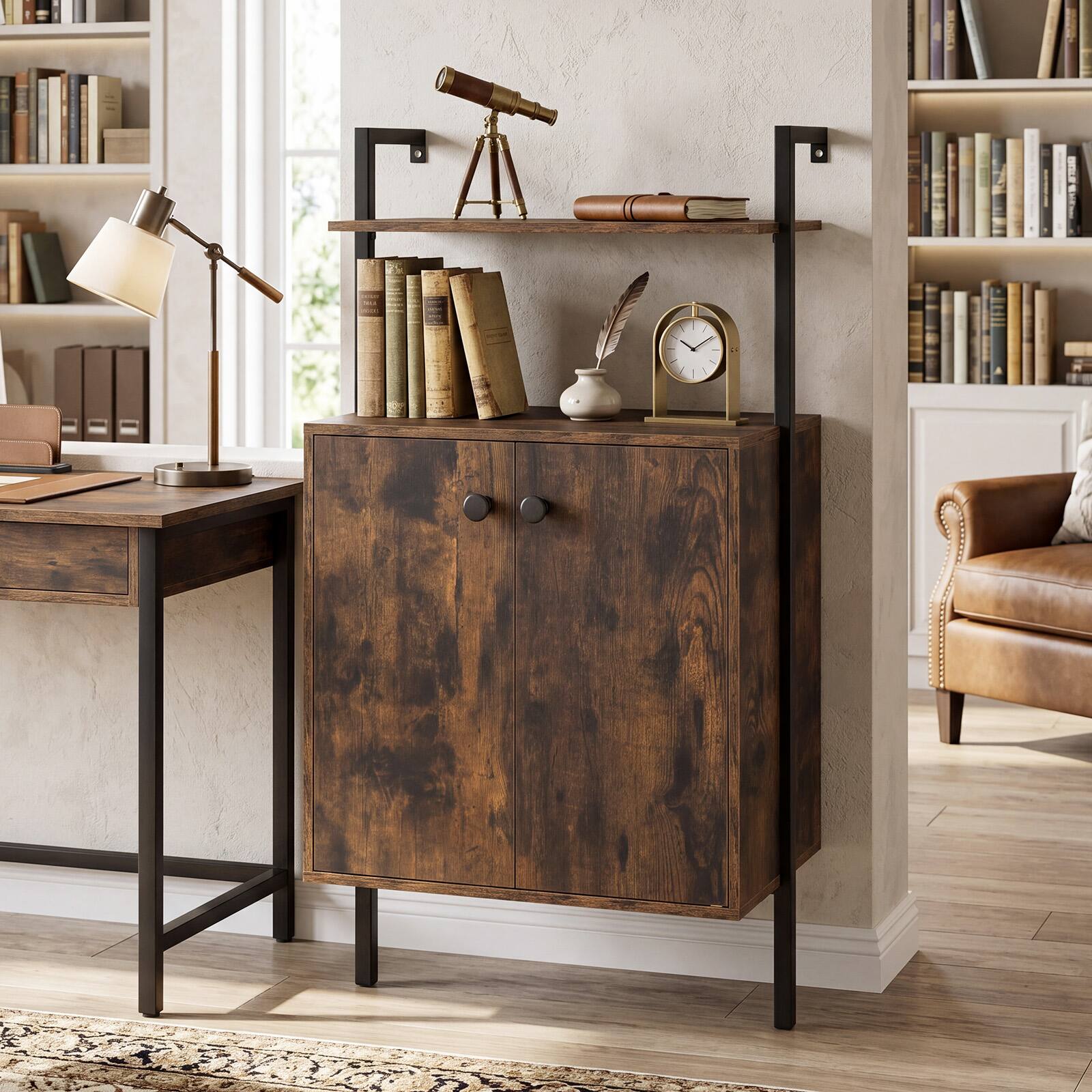 Alt View 3. Costway - Costway 1 PCS Wall Mount Bookshelf with Storage Cabinet,2-Door Industrial Bookcase with Open Shelves - Rustic Brown.