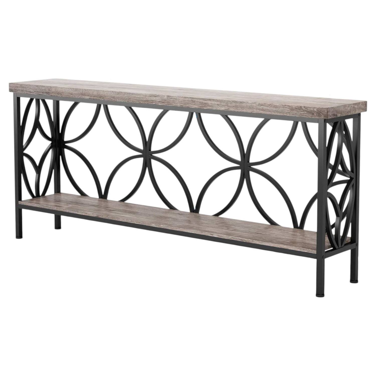 Front. SlickBlue - Modern Long Narrow Entryway Table with Wood Top and Bottom Shelf - Grey.