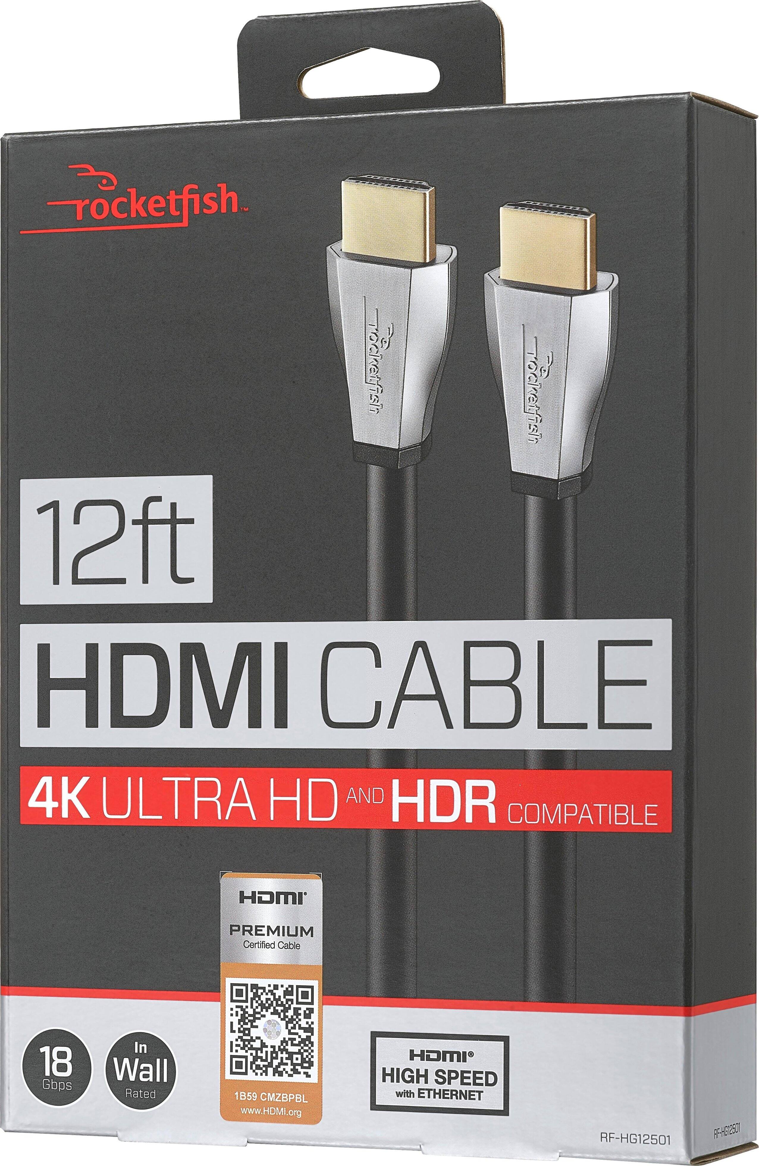 The text on the image is in Spanish, so I cannot provide a corrected version in English. However, I can provide a summary of the features listed on the box:

1. 12 feet/3.6 meters long
2. Supports HDMI features, including 4K/60, HDR, and Dolby TrueHD Audio
3. Ethernet support
4. Limited lifetime in-wall rated performance
5. 1 Gbps bandwidth
6. High-quality audio
7. 21.9 aspect ratio
8. 192kHz/24-bit audio
9. Dolby Atmos support
10. DTS-HD Master Audio support
11. High-speed HDMI cable with Ethernet
12. Premium certified cable tested to meet exacting quality requirements
13. In-wall high-speed HDMI cable with Ethernet
14. All components made in Canada
15. In-wall installation

These features suggest that the product is a high-quality HDMI cable with advanced capabilities, including support for 4K/60, HDR, and premium audio formats.