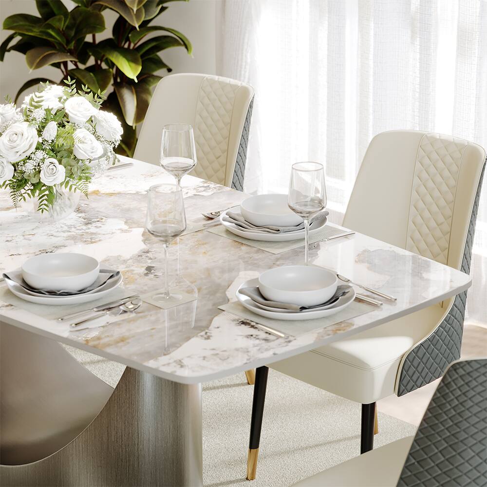 Back. POVISON - 79" Modern Minimalist Dining Table for 6-8, Gold Rectangular Glossy Sintered Stone Tabletop, Dark Gray Carbon Steel Base - Pandora Sintered Stone with Gray.