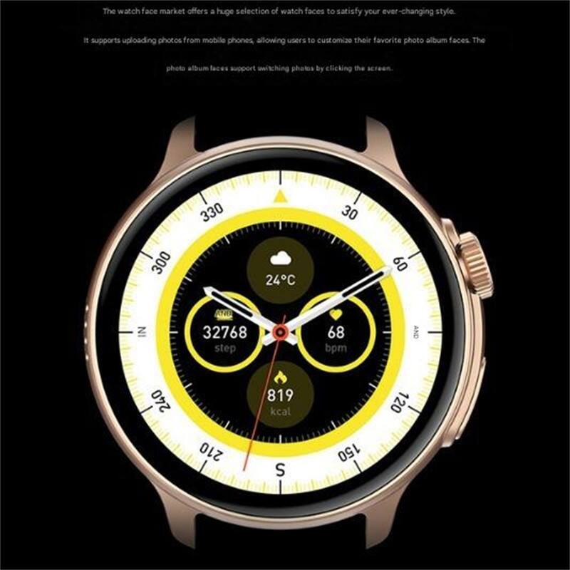 The watch face market offers a huge selection of watch faces to satisfy your ever-changing style. It supports uploading photos from mobile phones, allowing users to customize their favorite photo album faces. The photo album faces support switching photos by clicking the screen.

330 30 300 24°C 60 IN ANE 32768 step 68 bpm AND 240 819 kcal 120 210 S 150