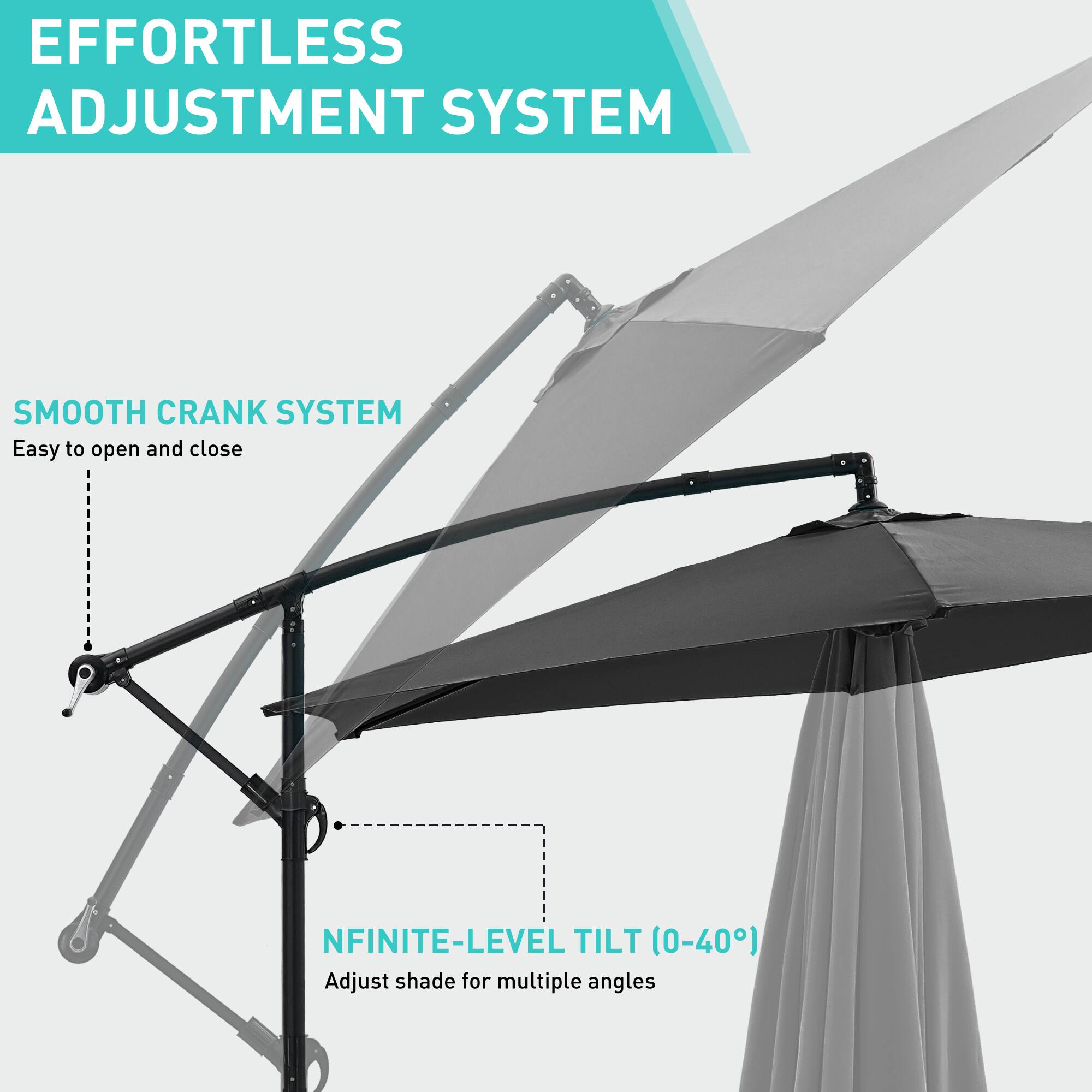 EFFORTLESS ADJUSTMENT SYSTEM

SMOOTH CRANK SYSTEM
Easy to open and close

INFINITE-LEVEL TILT (0-40°)
Adjust shade for multiple angles