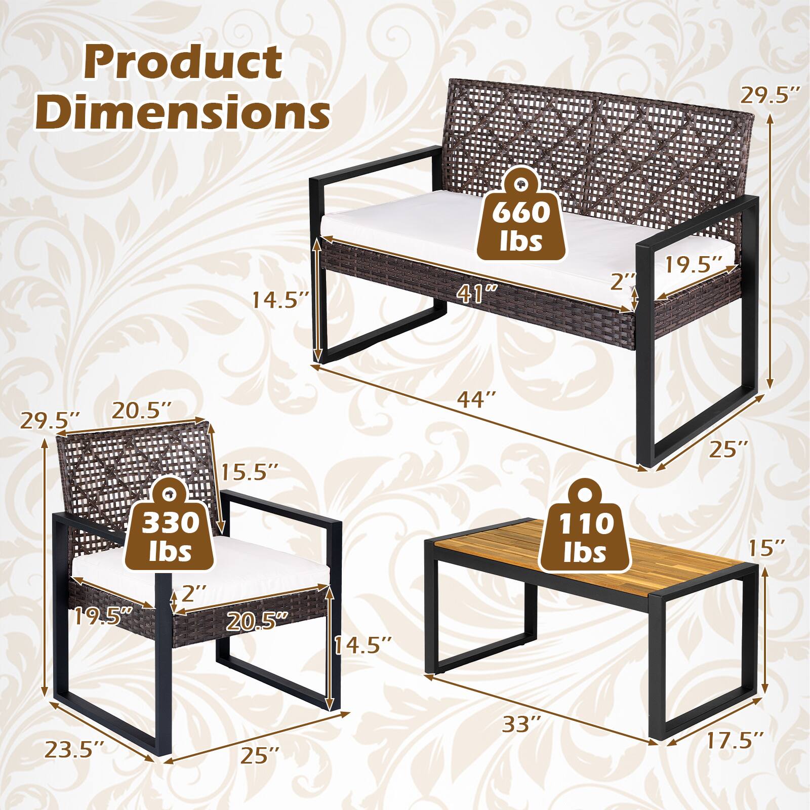 Product Dimensions

- 29.5" x 14.5" x 660 lbs
- 41" x 2" x 19.5" x 20.5" x 29.5" x 15.5" x 44" x 25"
- 330 lbs
- 110 lbs
- 15" x 19.5" x 2" x 20.5" x 14.5" x 23.5" x 25" x 33" x 17.5"