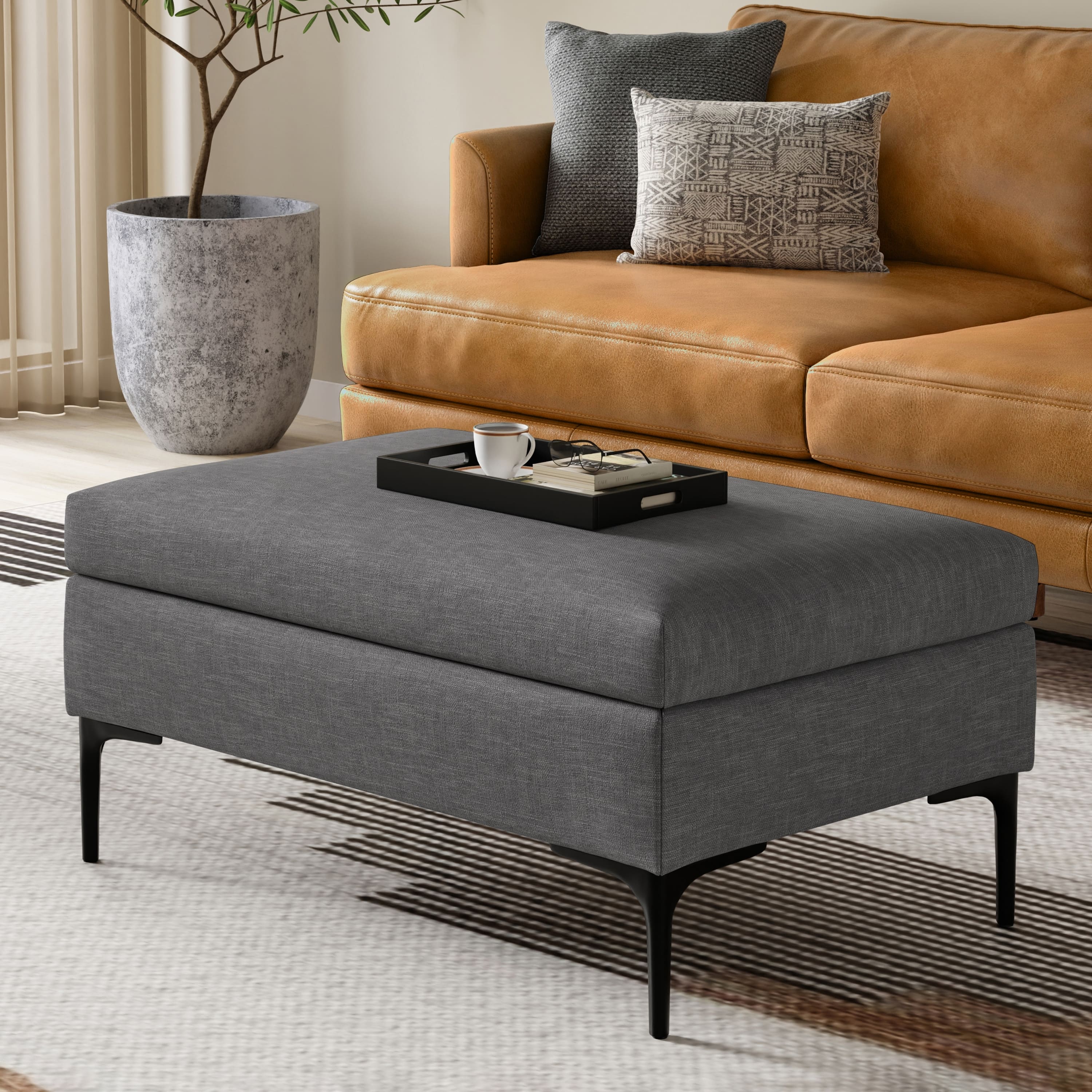 Tiramisubest - Slate Grey Linen Rectangular Coffee Table Storage Ottoman - Gray