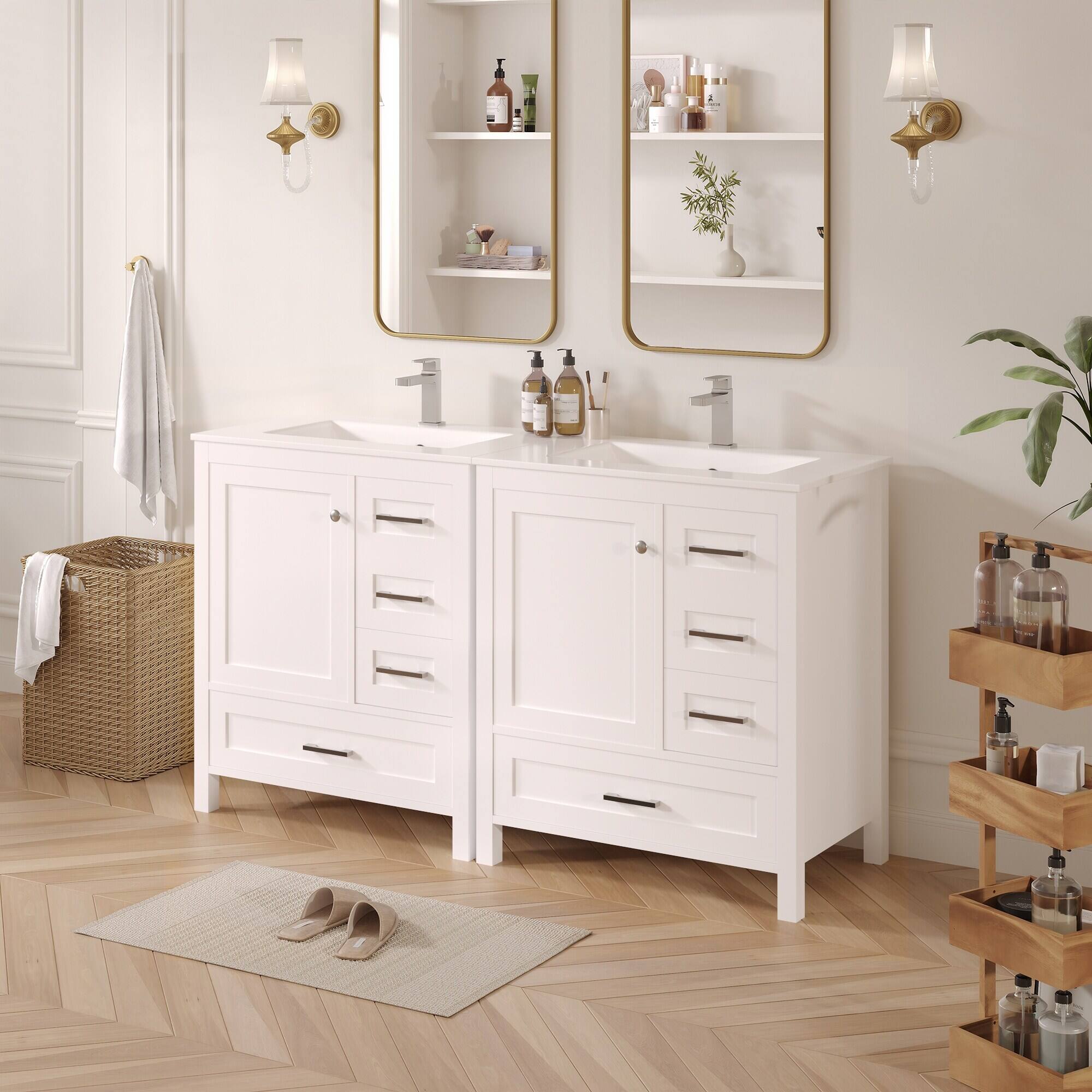 Alt View 7. U-HOMY - Modern Bathroom Vanity with Ceramic Sink, Soft-Close Storage Cabinet and Drawer, Glossy Countertop, White - 30"x18".