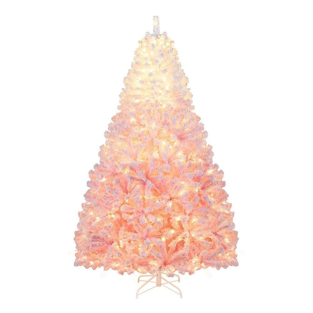 Resenkos - 7-Ft Artificial Christmas Tree - Warm White LEDs & 8 Modes, White/ - Pink