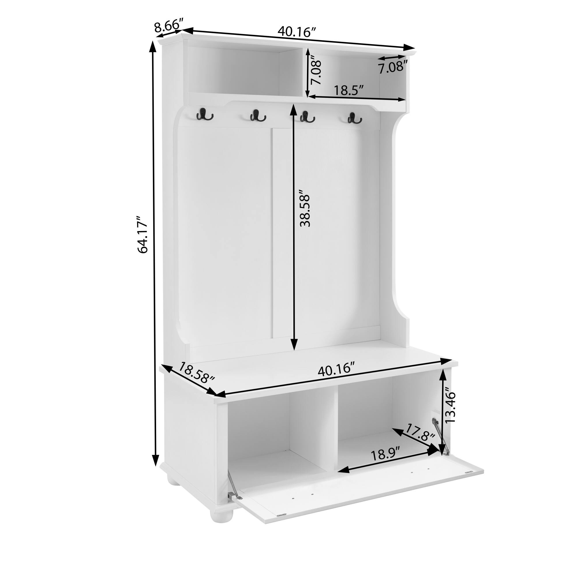 8.66"  
40.16"  
7.08'  
7.08"  
18.5"  
64.17"  
38.58"  
18.58"  
40.16"  
13.46"  
17.8"  
18.9"