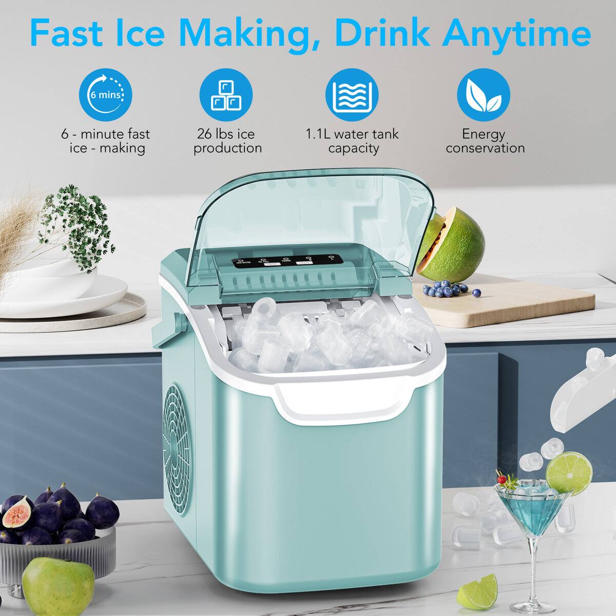 Fast Ice Making, Drink Anytime

6 mins
6-minute fast ice-making
26 lbs ice production
1.1L water tank capacity
Energy conservation