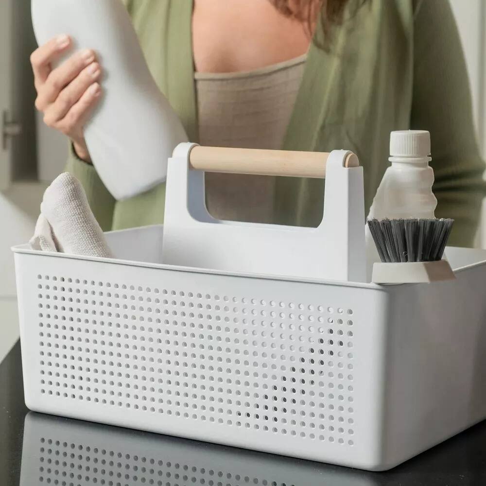 Angle. OU - OU Cleaning Caddy, Cleaning Supplies Storage Organizer Bucket with Handle.