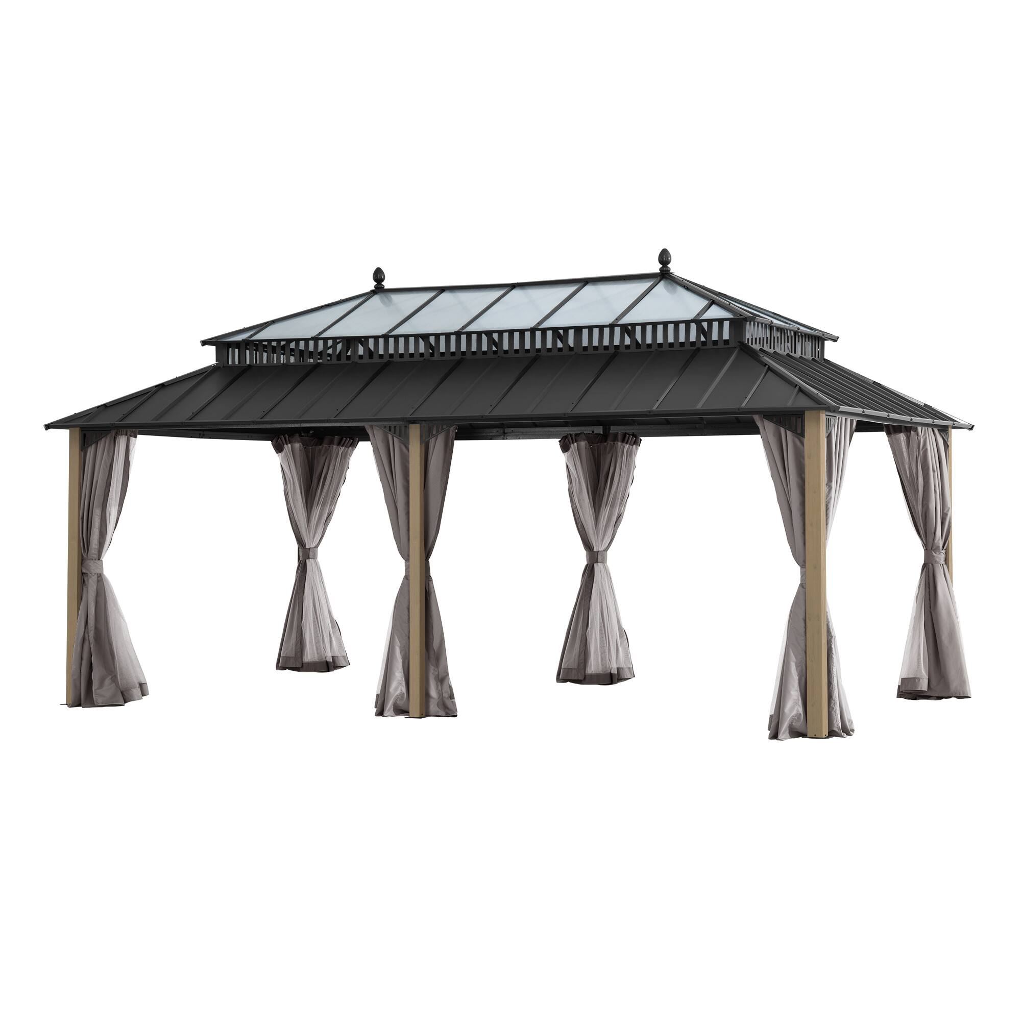 Angle. SUNJOY - SUNJOY Kingston 20x12 Gazebo, Steel & PC Roof Hardtop Gazebo with Curtain and Netting - Cedar Posts.
