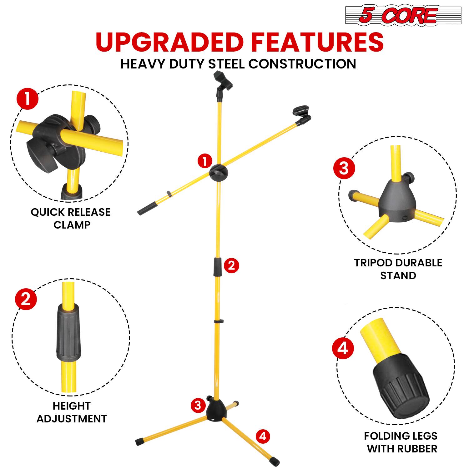 5 CORE UPGRADED FEATURES  
HEAVY DUTY STEEL CONSTRUCTION  
1. QUICK RELEASE CLAMP  
2. TRIPOD DURABLE STAND  
3. HEIGHT ADJUSTMENT  
4. FOLDING LEGS WITH RUBBER