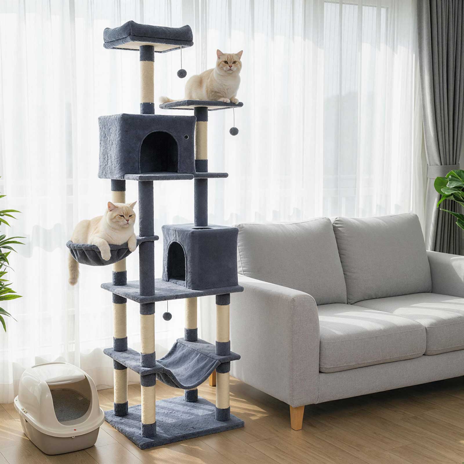 Alt View 1. Gymax - Gymax 80'' Tall Cat Tree w/2 Condos Sisal Scratching Posts Plush Perch Hammock Basket Dark Gray.
