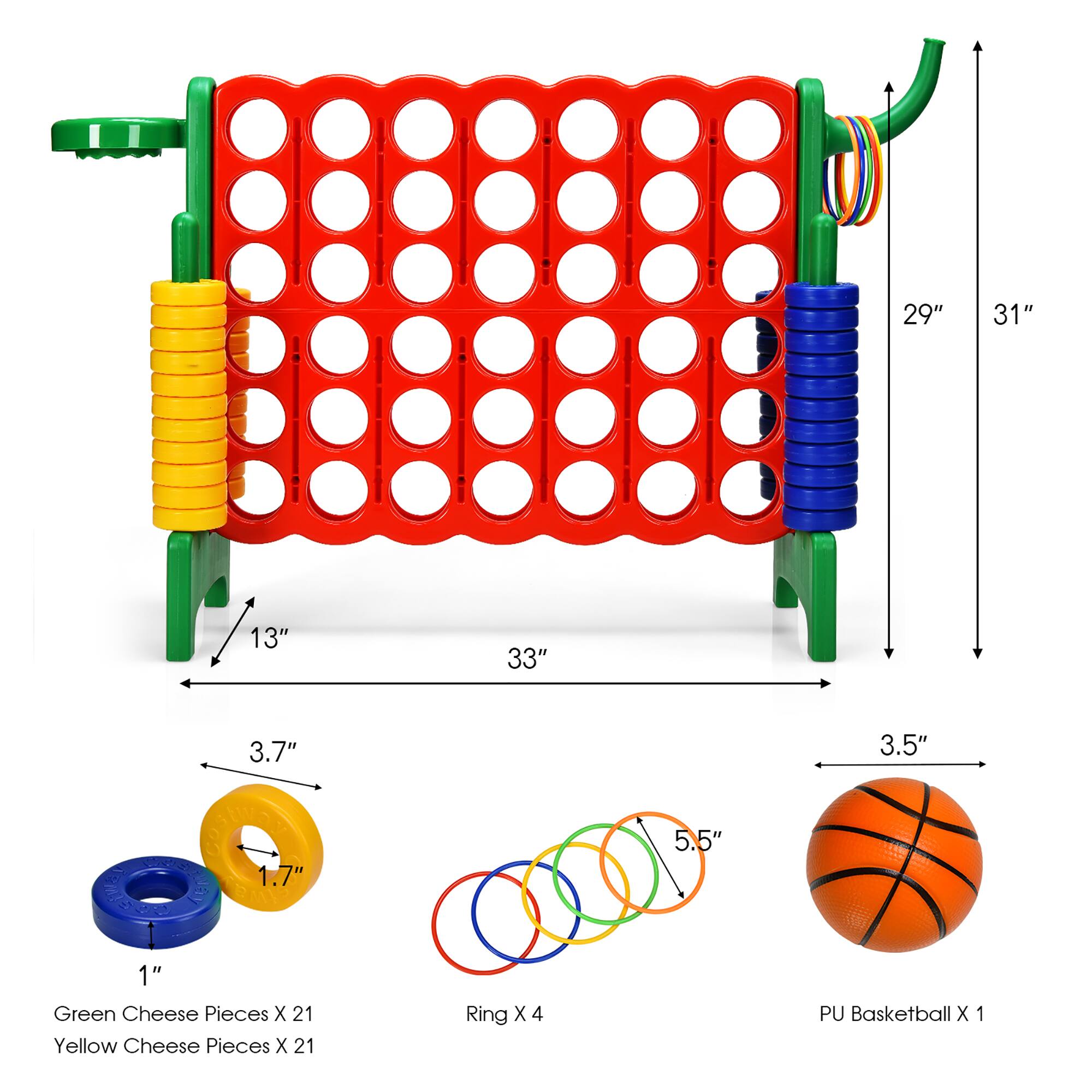 29" 31" 13" 33" 3.7" 3.5" 1.7" 5.5" 1"  
Green Cheese Pieces X 21  
Yellow Cheese Pieces X 21  
Ring X 4  
PU Basketball x 1