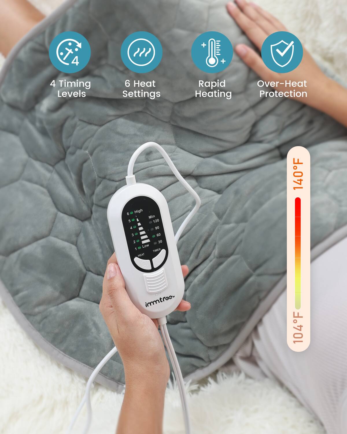 + 4 + 4 Timing Levels  
6 Heat Settings  
Rapid Heating  
Over-Heat Protection  

5 High  
Min 5  
120  
4  
90  
3  
60  
2  
30  
Low  

TIMER  
HEAT  

140°F  
104°F  

immtree