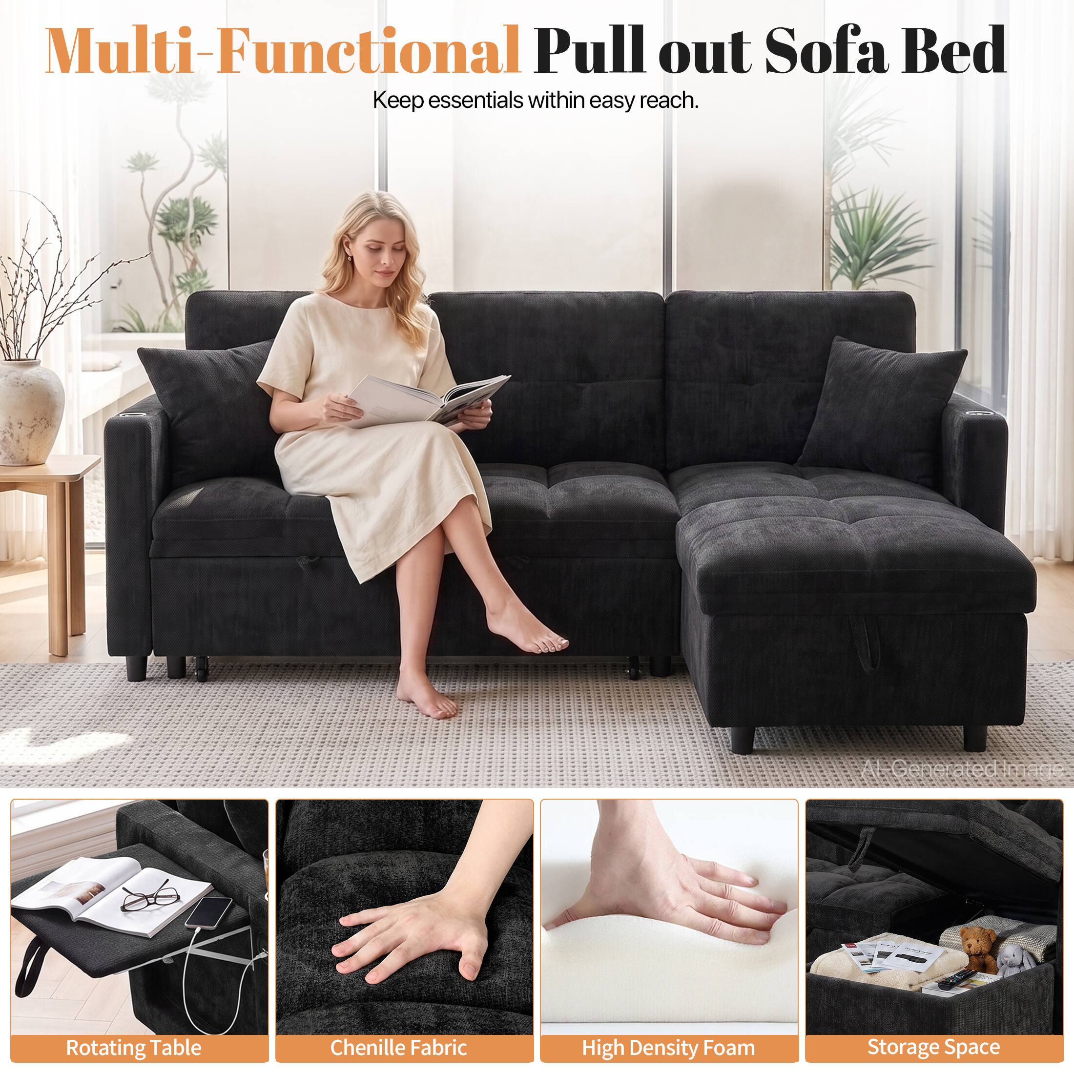Multi-Functional Pull out Sofa Bed  
Keep essentials within easy reach.  

Rotating Table  
Chenille Fabric  
High Density Foam  
Storage Space