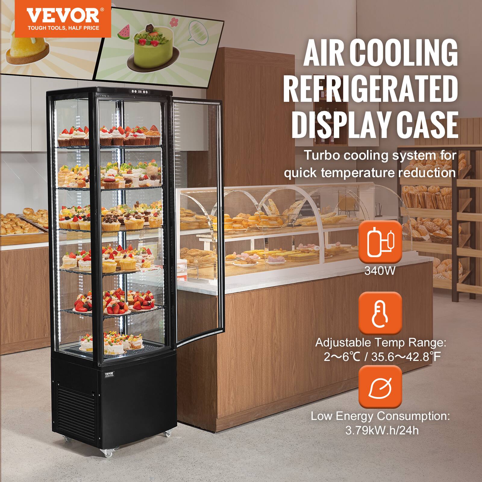 **VEVOR**  
TOUGH TOOLS, HALF PRICE

**AIR COOLING REFRIGERATED DISPLAY CASE**

- Turbo cooling system for quick temperature reduction
- 340W
- Adjustable Temp Range: 2~6°C / 35.6~42.8°F
- Low Energy Consumption: 3.79kW.h/24h
