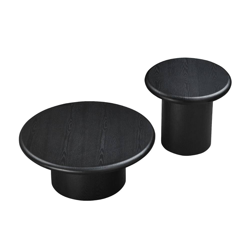 Back. Loheer - Loheer 2-Piece Modern Round Coffee Table Set Black Nesting Wood Veneer Easy Assembly - Black.