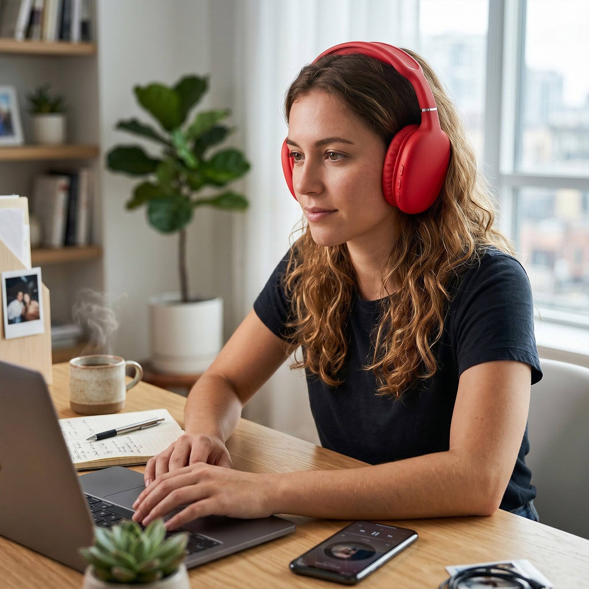 Left. iBasics - Wireless Over-Ear Headphones – Bluetooth HD Stereo, Deep Bass & Soft Ear Cushions - Red.