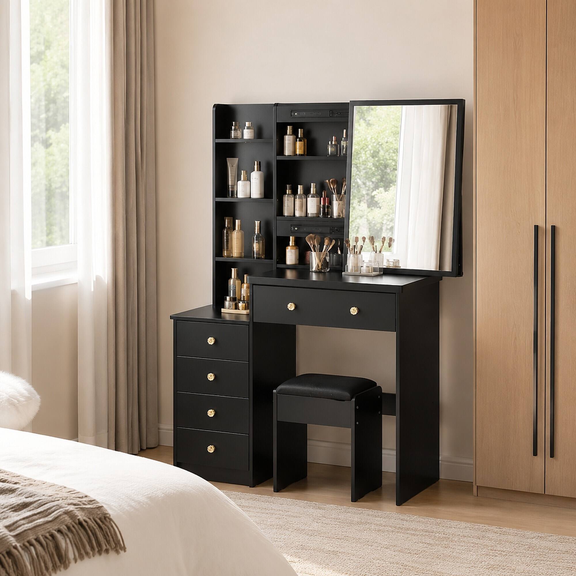 Angle. RYHNUYNE - 37 in Makeup Vanity Table Set, Sliding Mirror, Cushioned Stool, Multi Layer Storage, UL and EPA Certified - Black.
