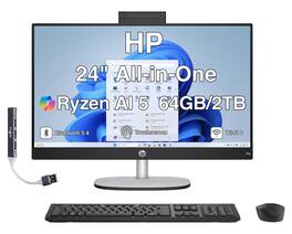 HP - Upgraded - 24 All-in-One 23.8 FHD Display (Ryzen AI 5 340, 64GB, 2TB SSD, AMD Radeon 840M, WiFi 6, Win 11 Pro) w/USB Hub - Jet Black
