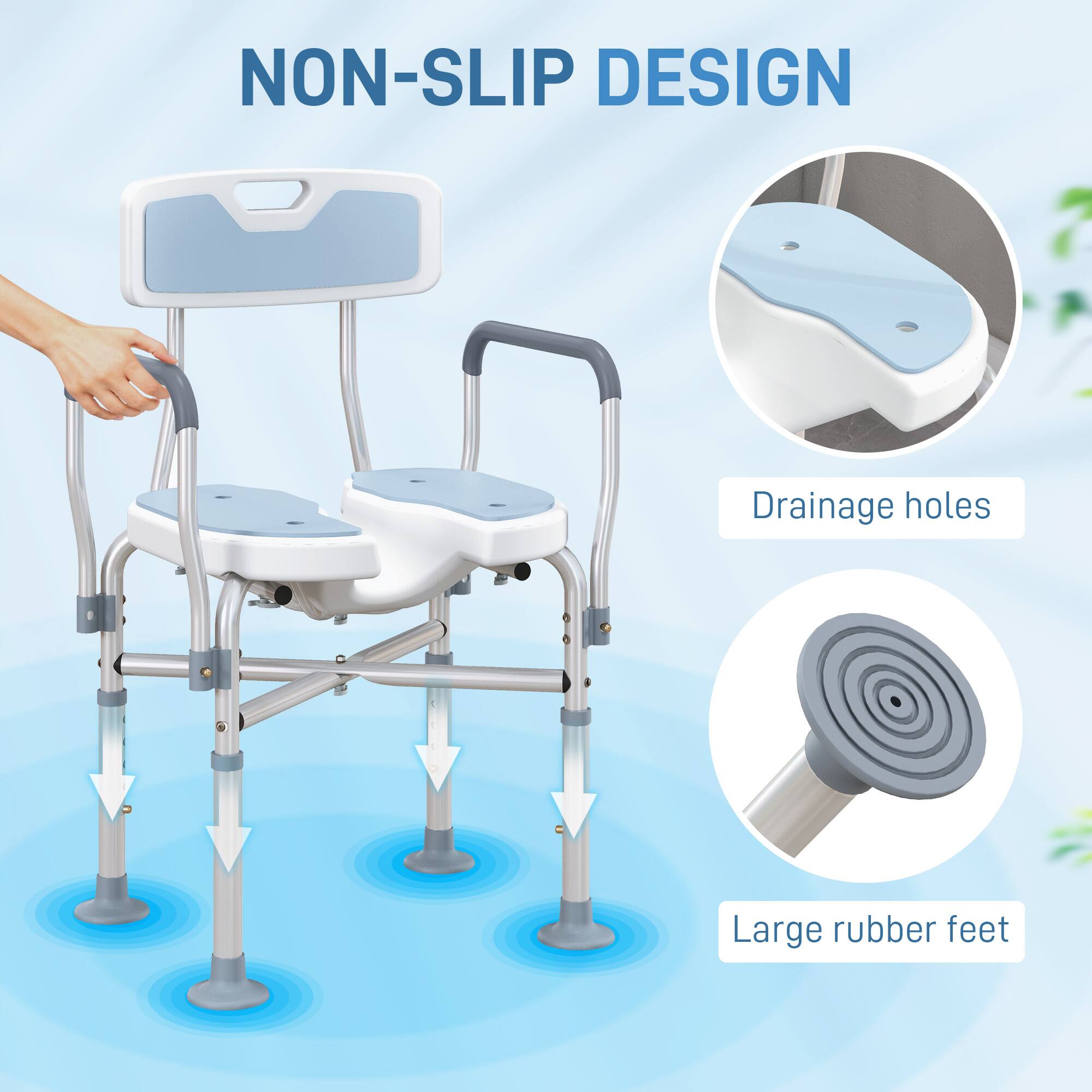 NON-SLIP DESIGN  
- Drainage holes  
- Large rubber feet