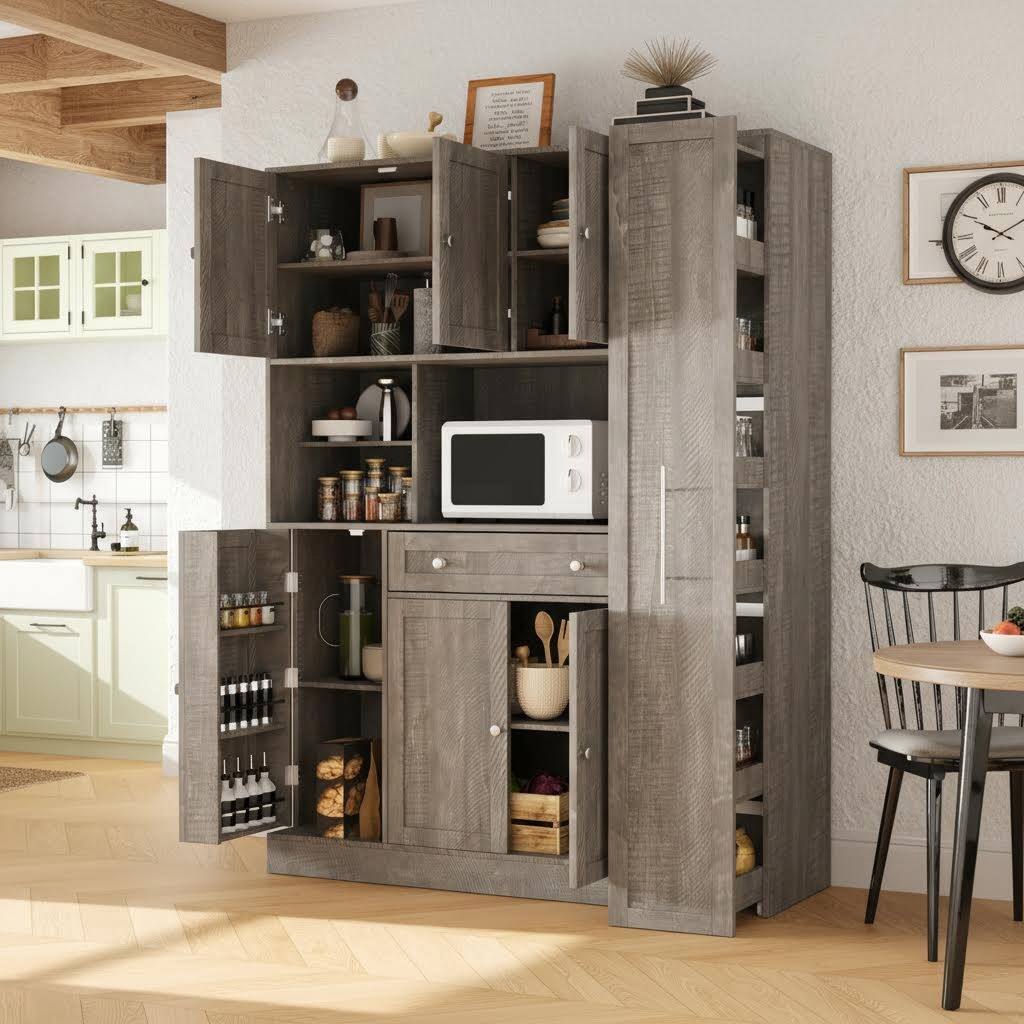 Forest'nSky - 70" Tall Buffet with Hutch, Large Kitchen Pantry with Pull-Out Side Cabinet & Door Shelves - Brown